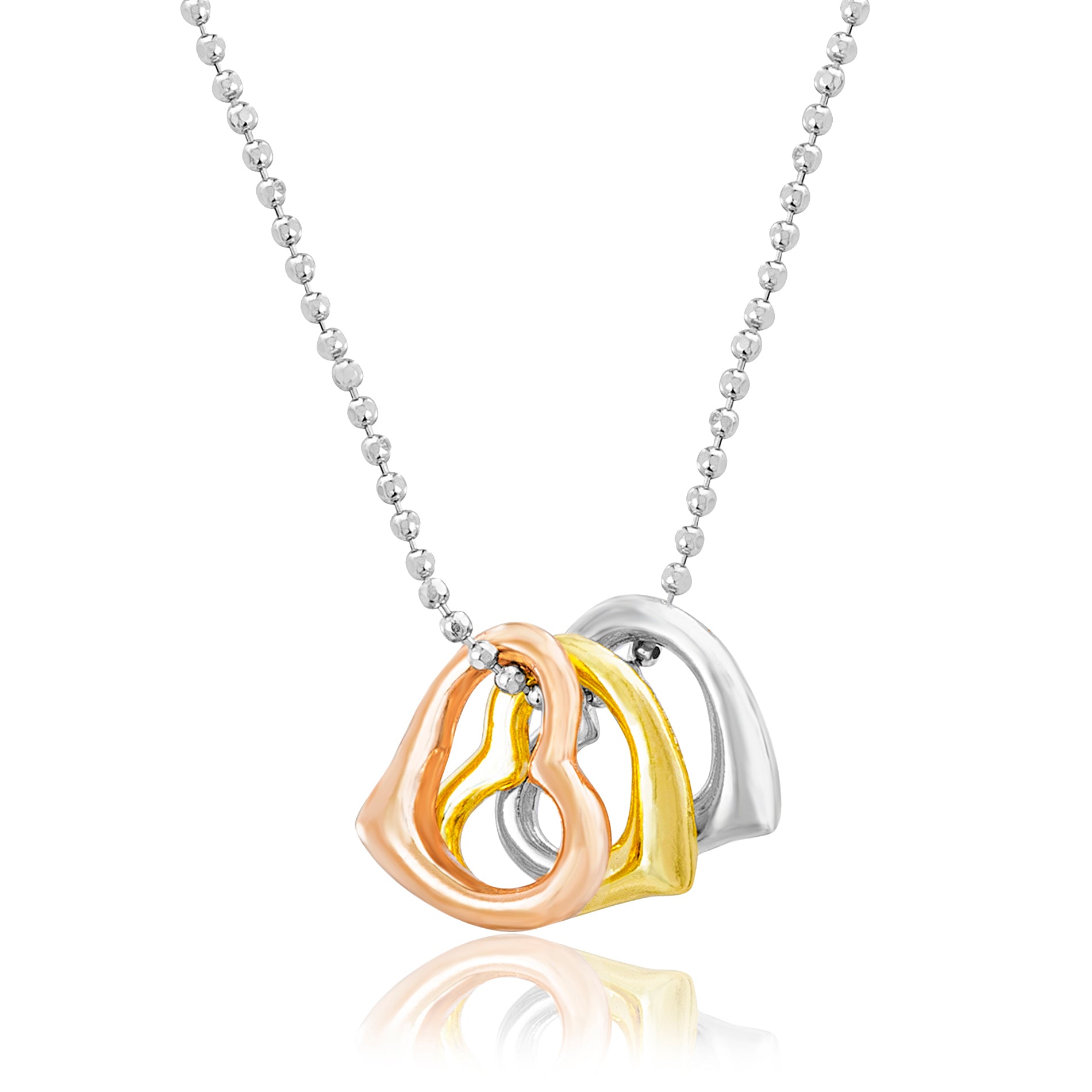 Sterling Silver 3-Tone Gold/Rose/Rhodium Trio Heart Chain Necklace