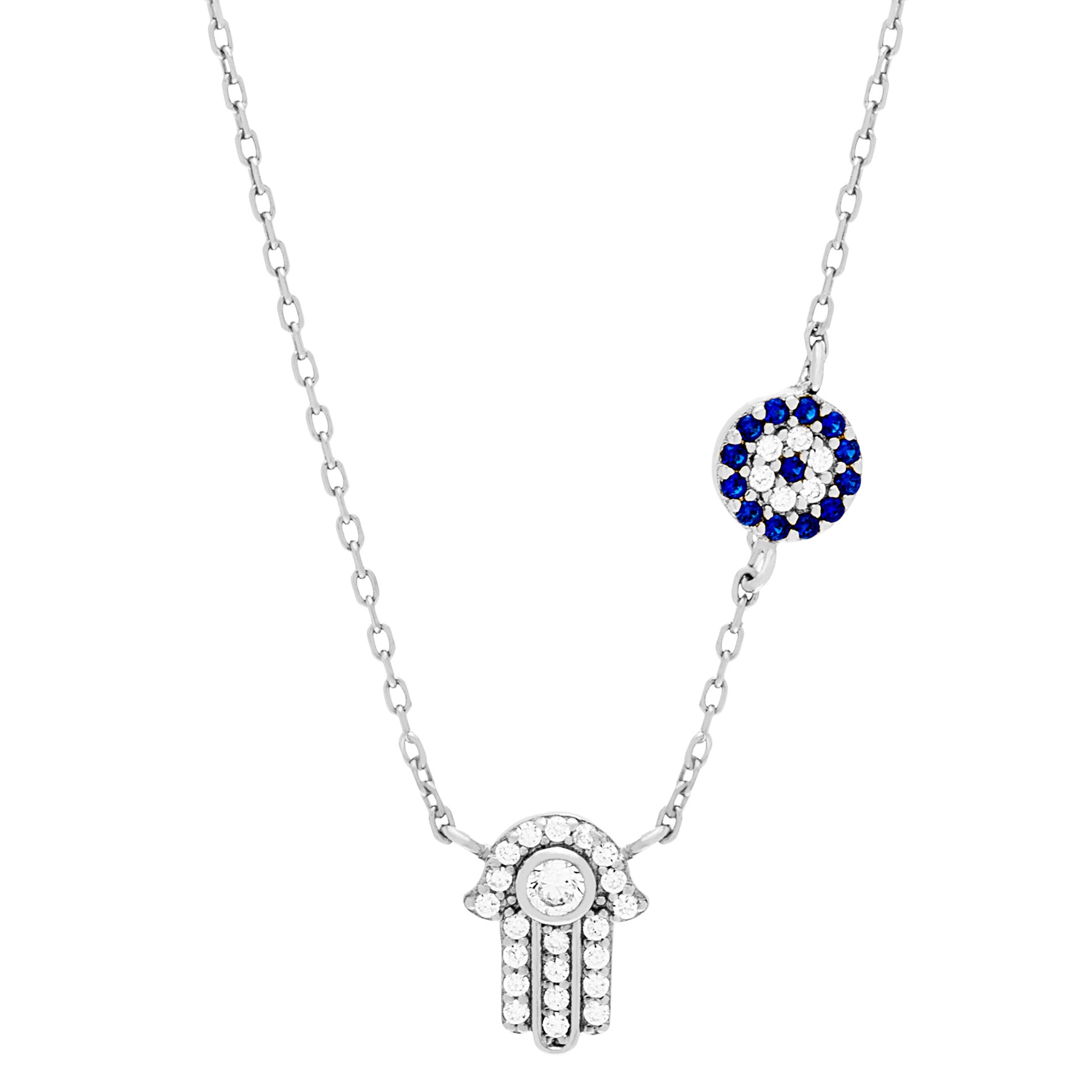 Sterling Silver Rhodium CZ Hamsa & Evil Eye Station Necklace