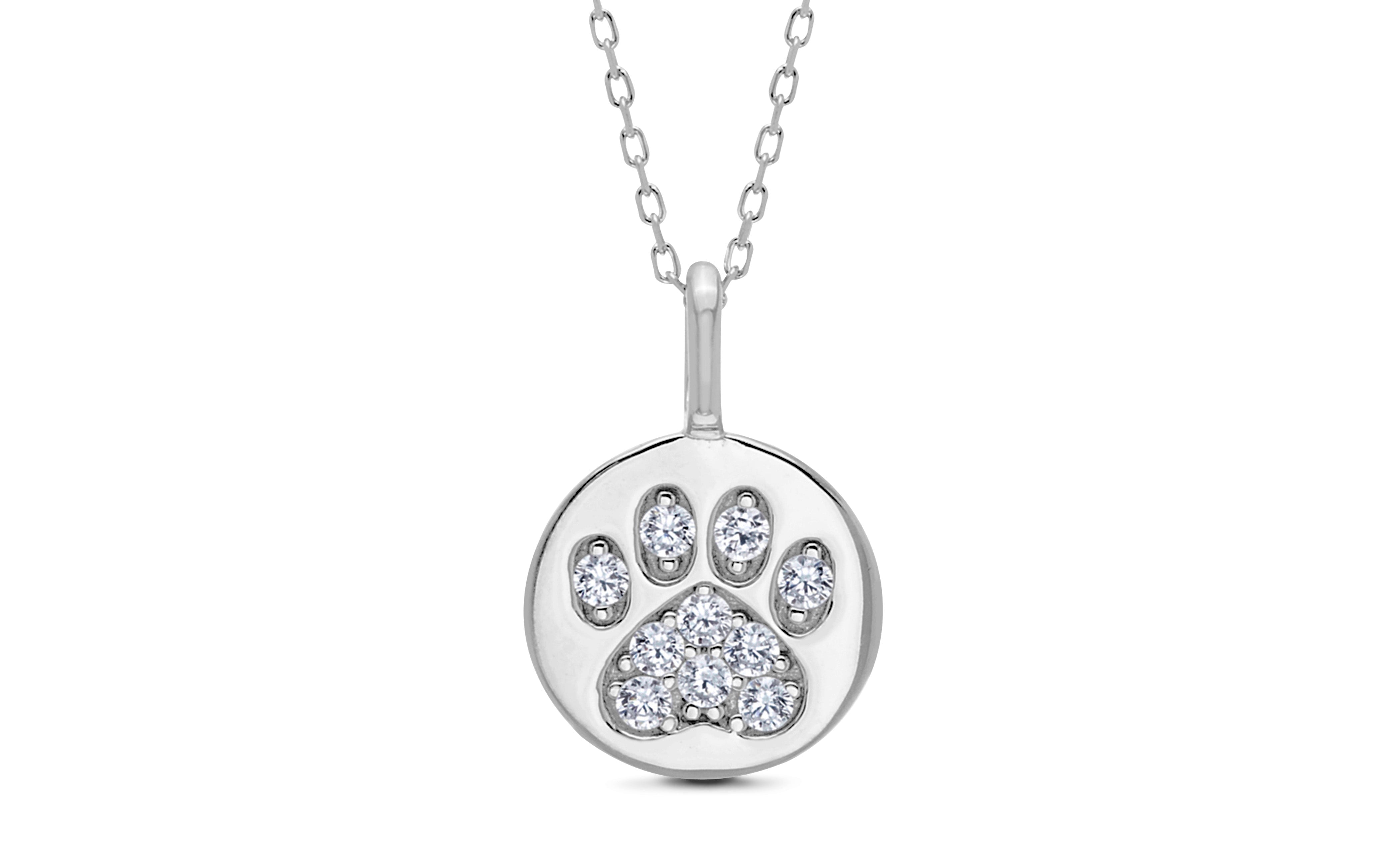 Sterling Silver Rhodium Paw Print & Simulated Diamond Round Pendant 16