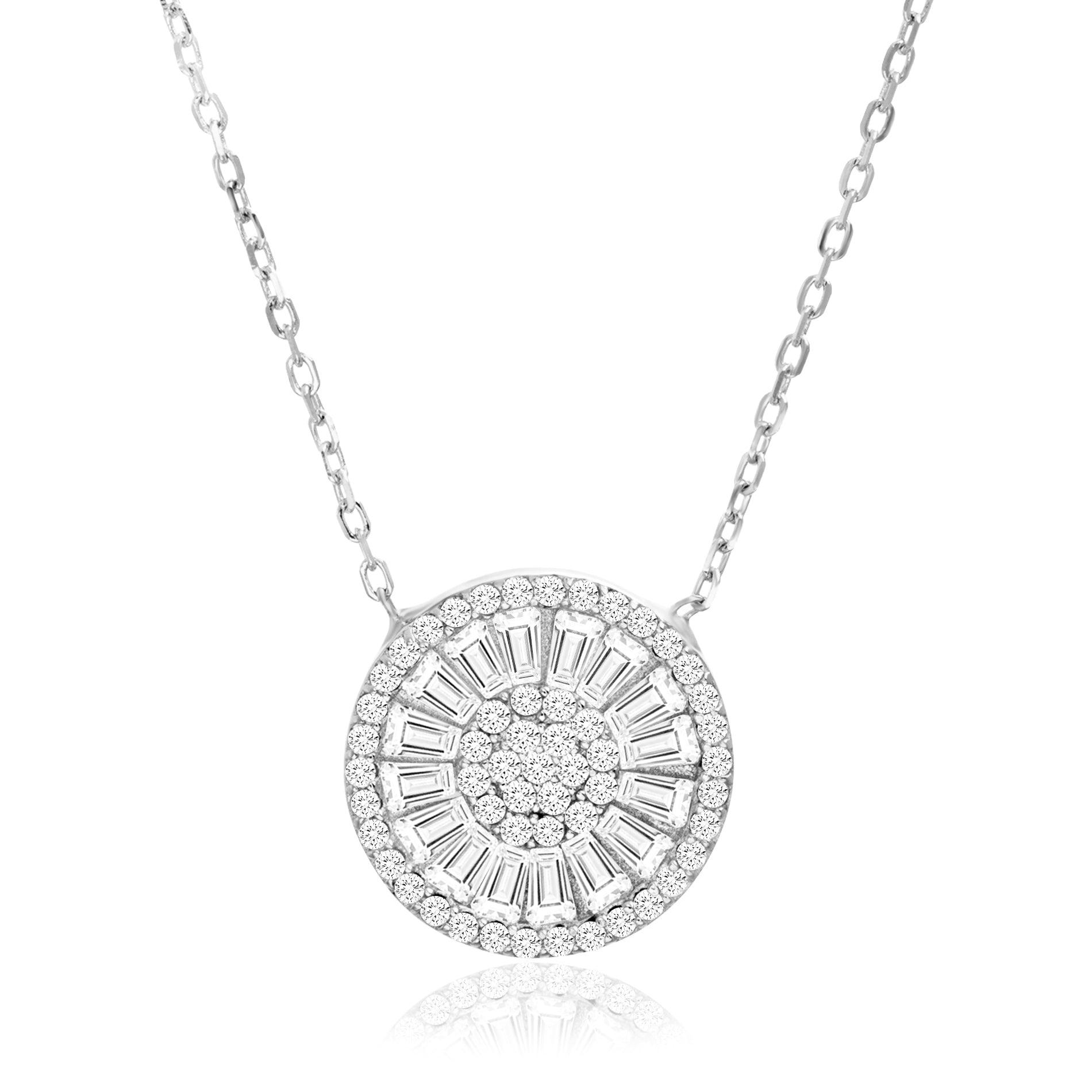 Sterling Silver Rhodium Clear Cz & Baguette Round 15.5