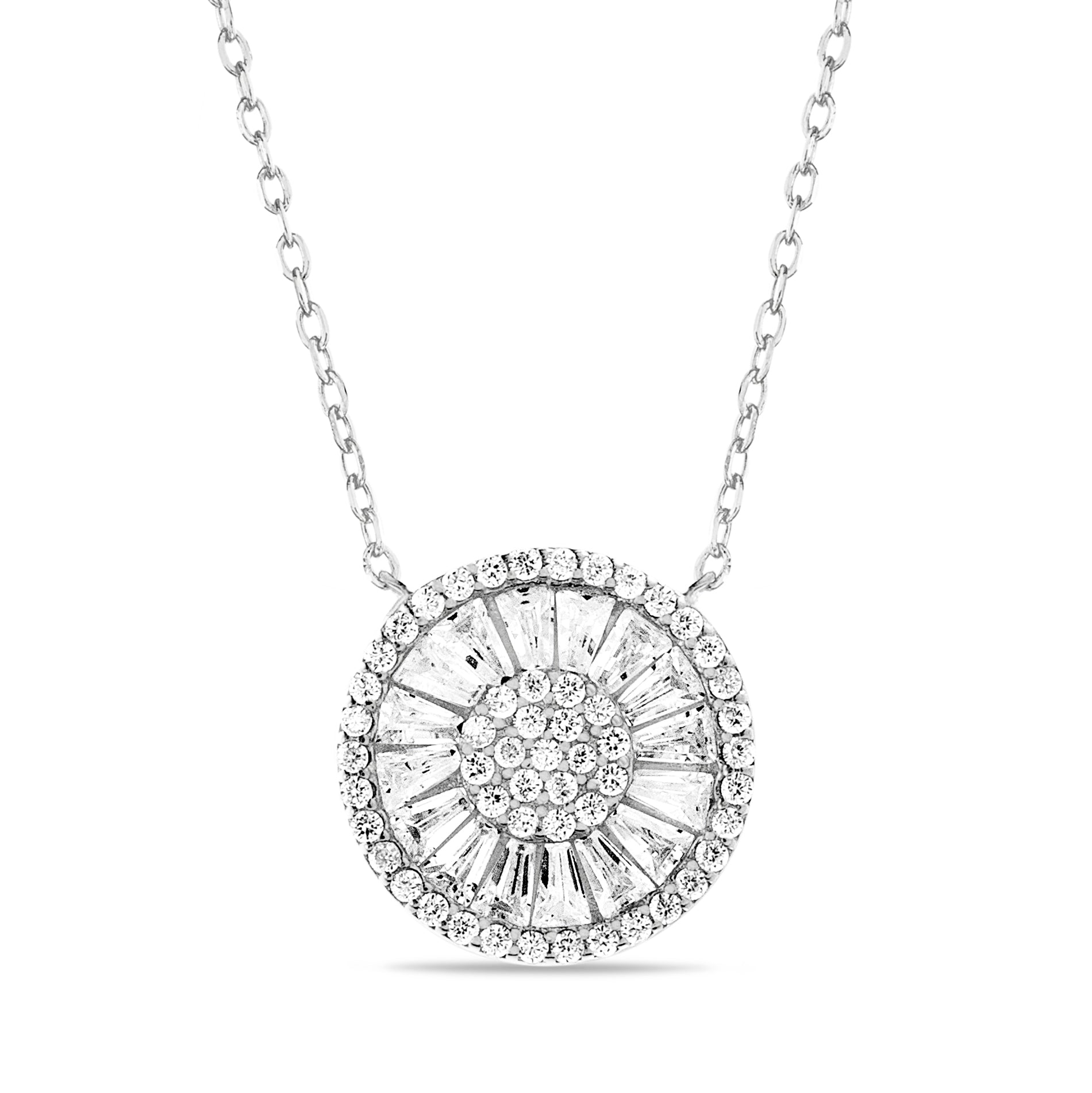Silver Round CZ Baguette Necklace