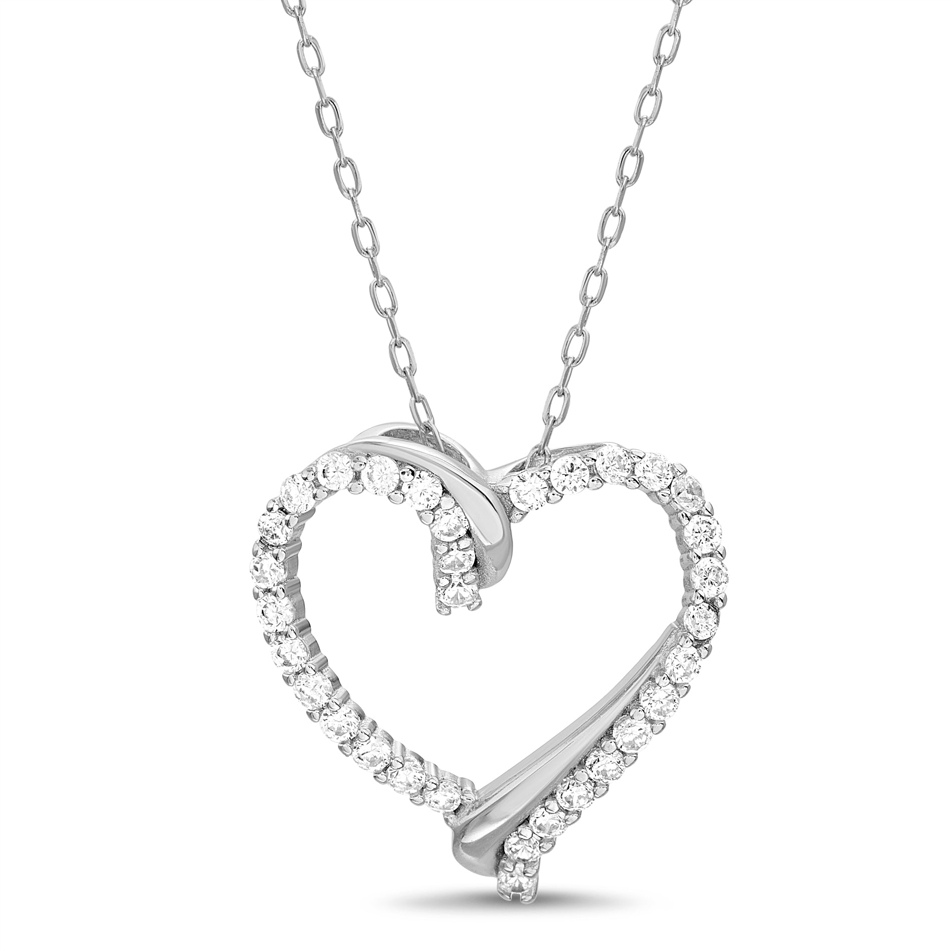 Rhodium Open Heart Necklace with Crystal Border