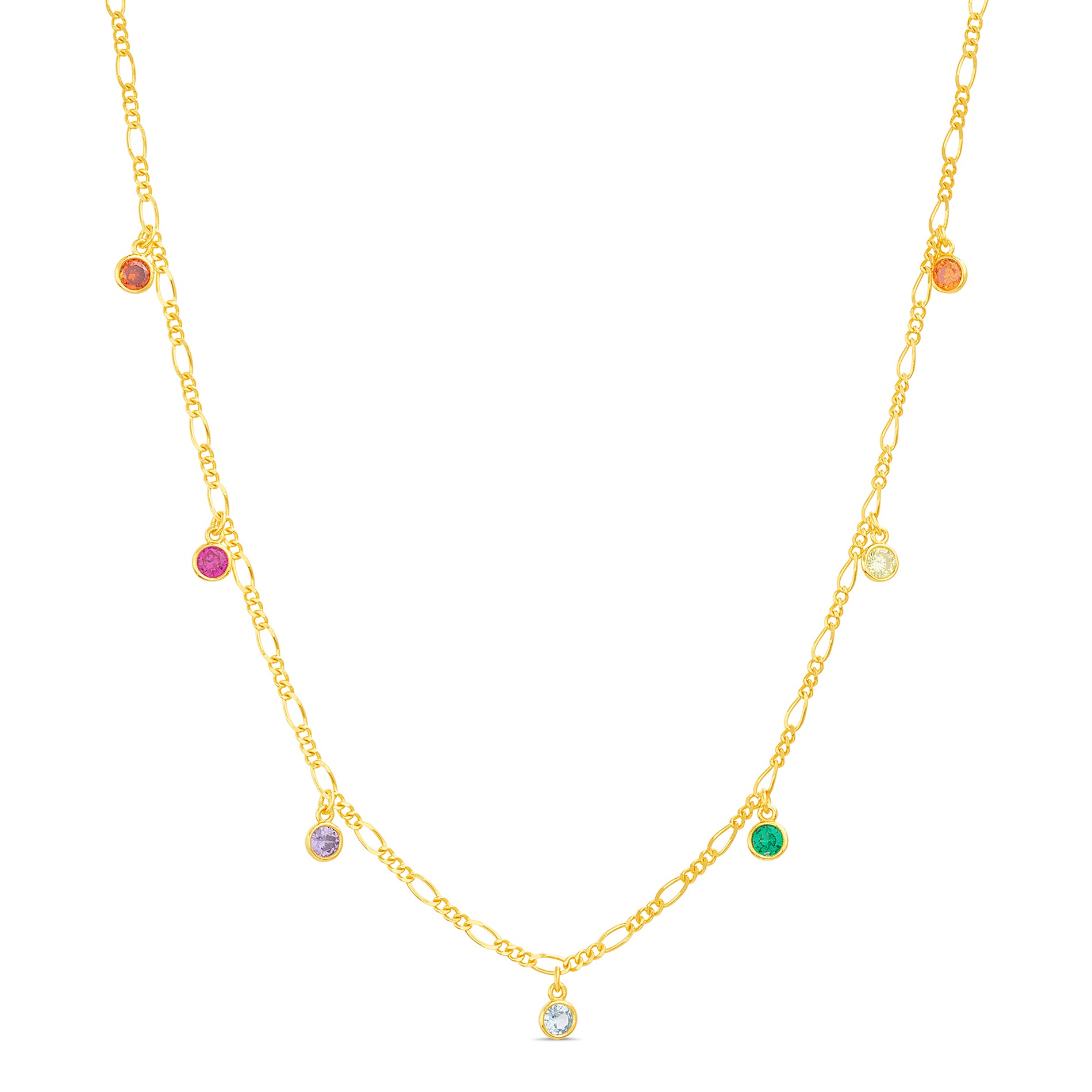 Sterling Silver Gold Multicolor CZ Dangle Figaro Chain Necklace