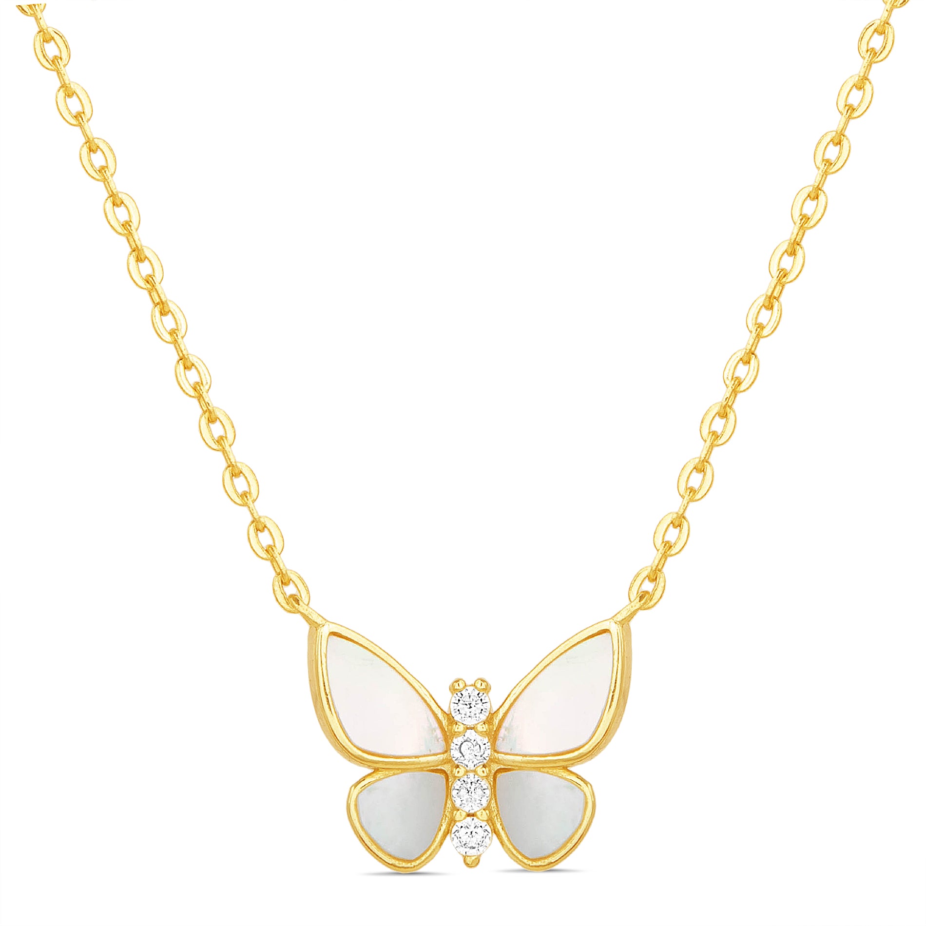 Sterling Silver Gold MOP & Clear CZ Butterfly Necklace