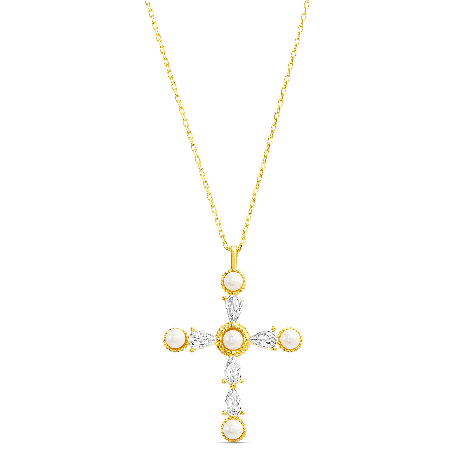 Sterling Silver & Gold MOP + Clear CZ Cross Necklace