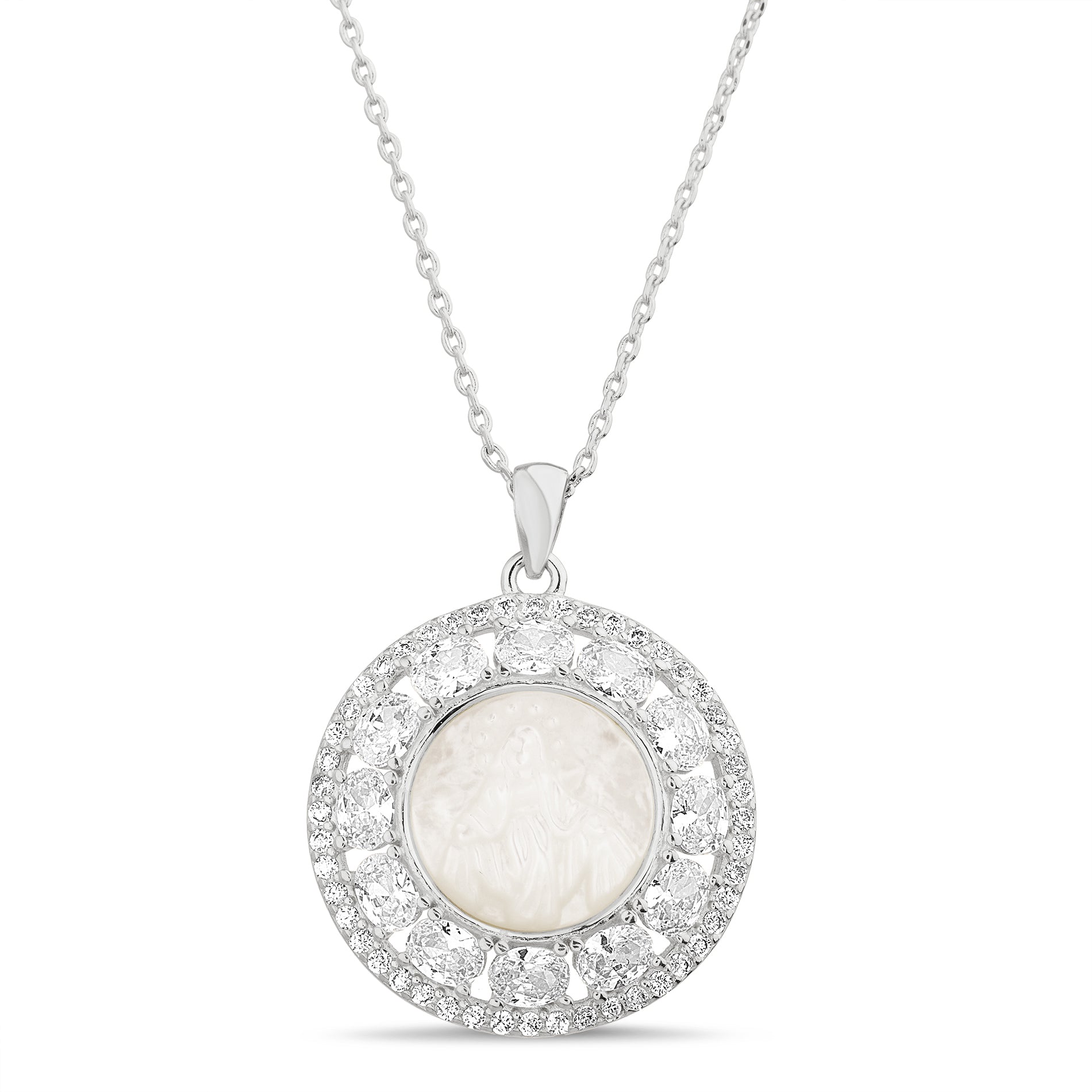 Silver Pearl & Clear CZ Disc Pendant Necklace