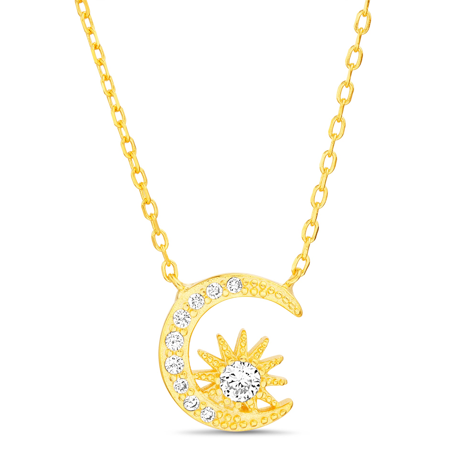 Sterling Silver Gold Clear CZ Half Crescent & Sun Necklace