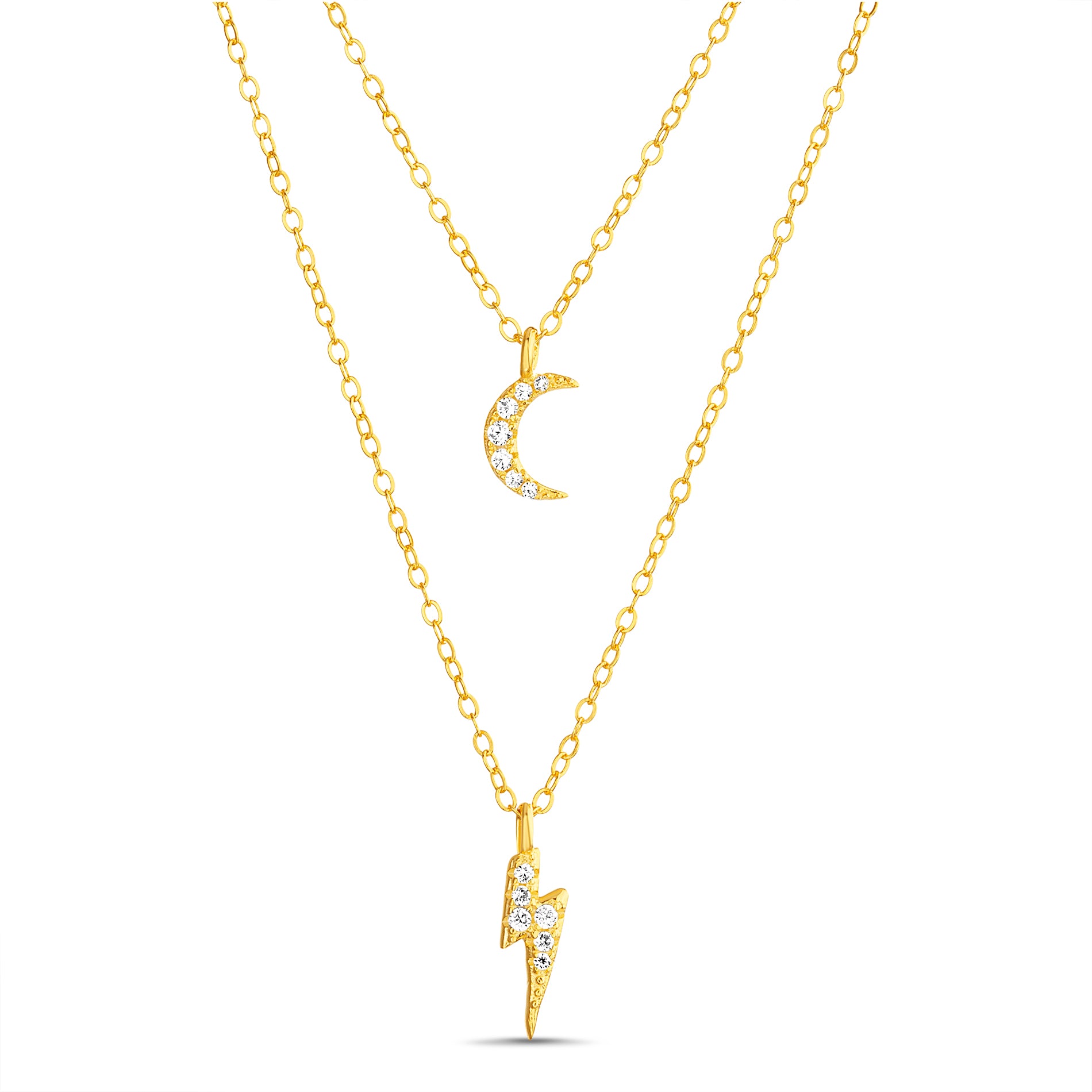 Gold Double Layer Necklace (Moon and Lightning Bolt) - Main Image