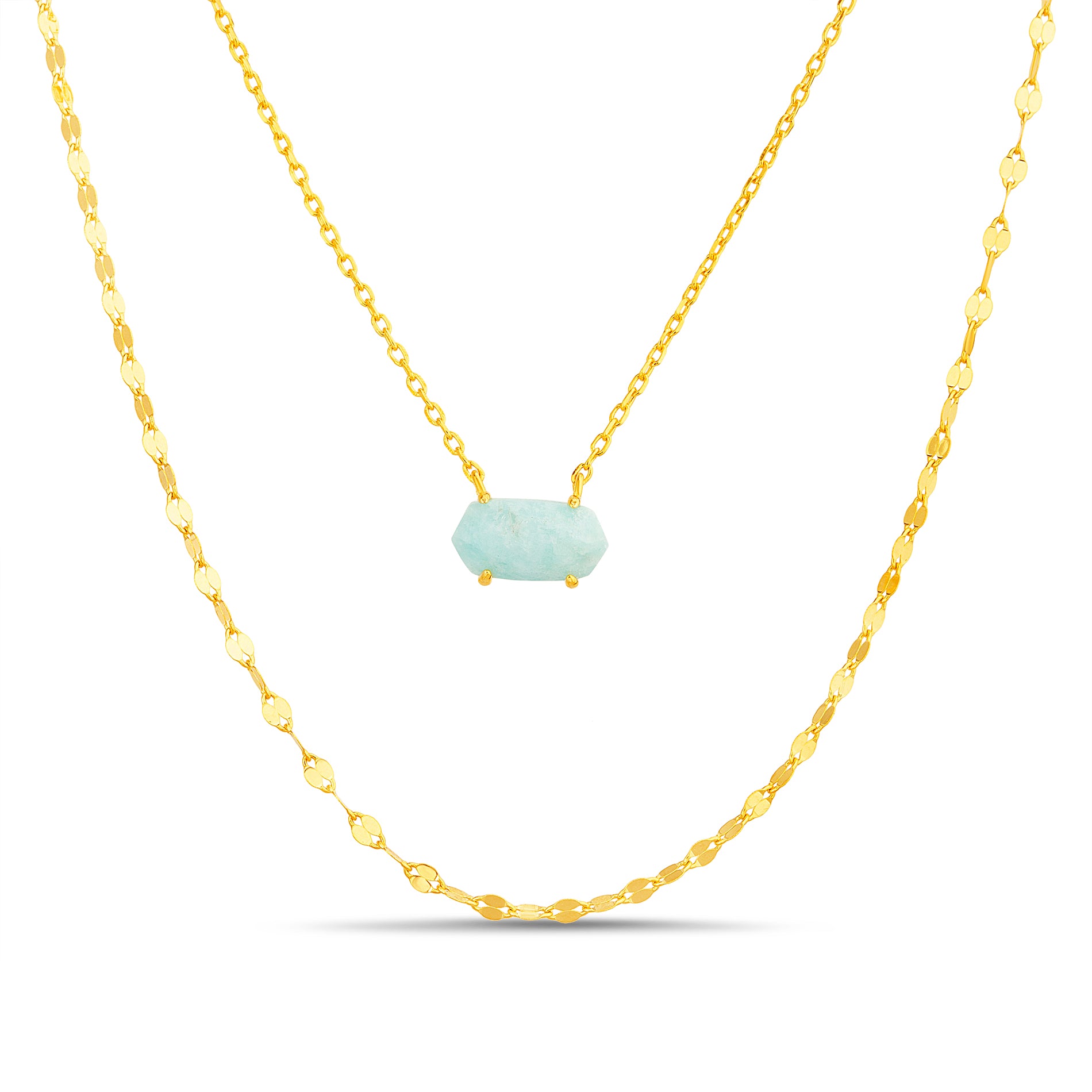 Brass Yellow Gold Amazonite Hexagon Layered Necklace