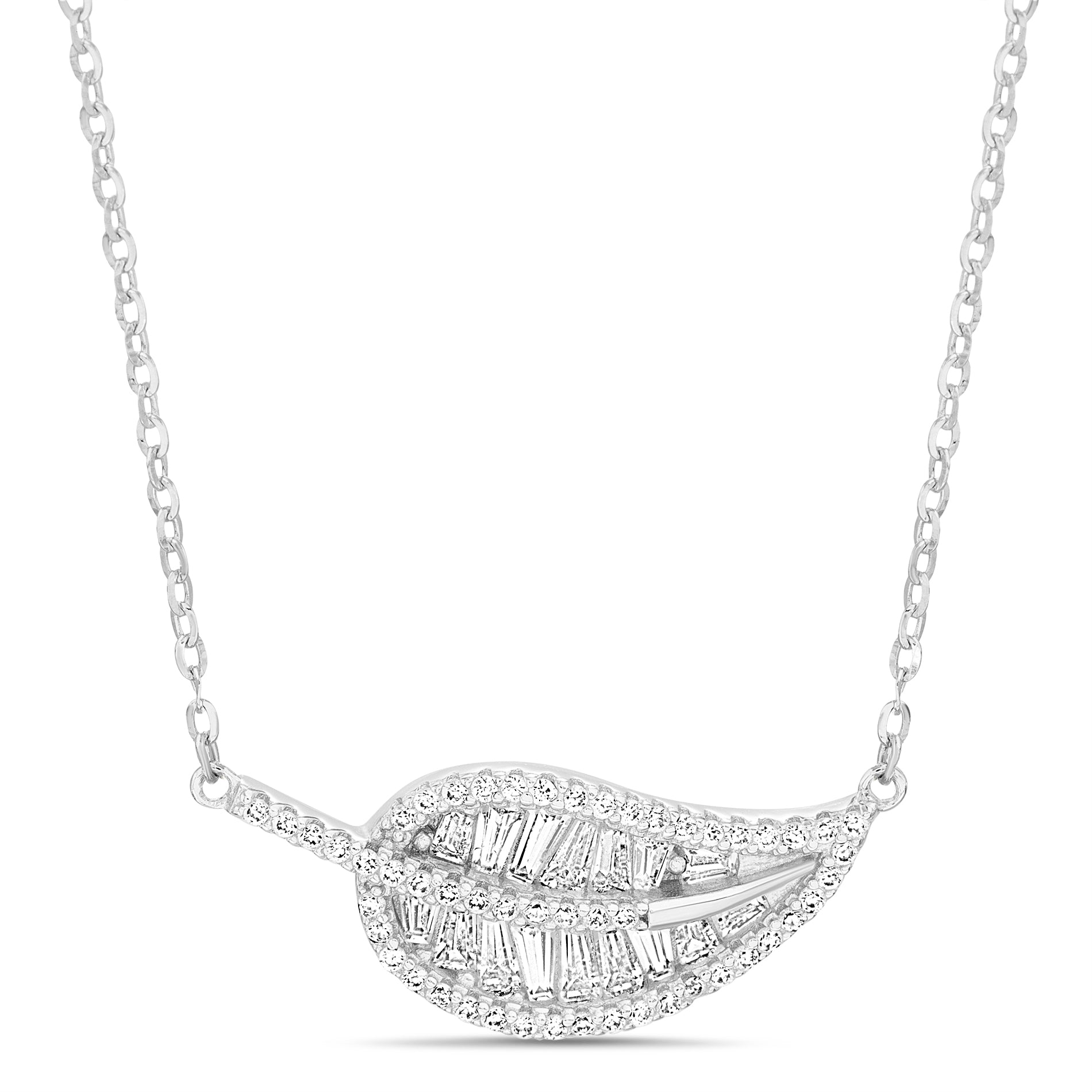 Sterling Silver Rhodium Clear CZ Leaf Necklace