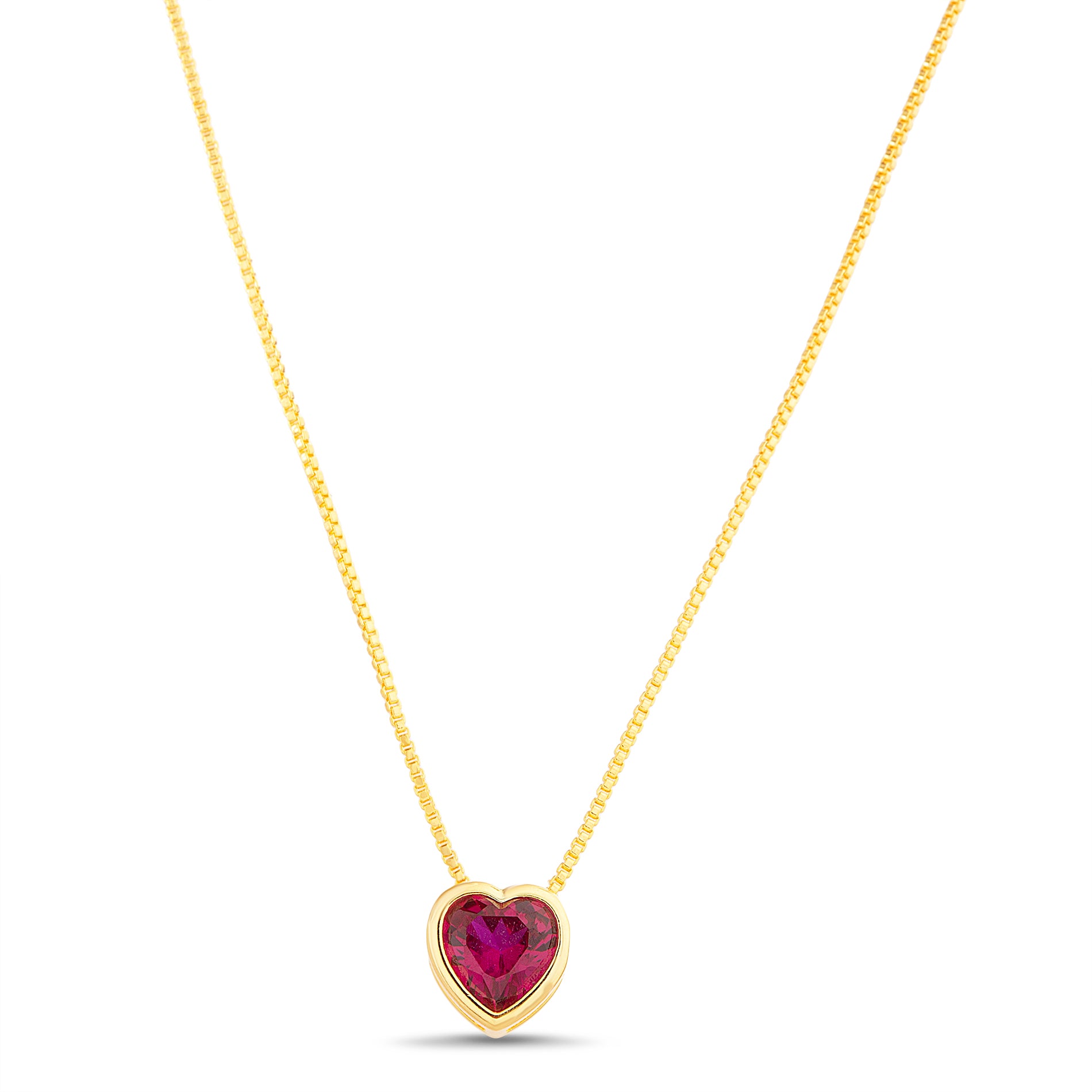 Brass Yellow Gold Ruby Heart Charm Box Chain Necklace