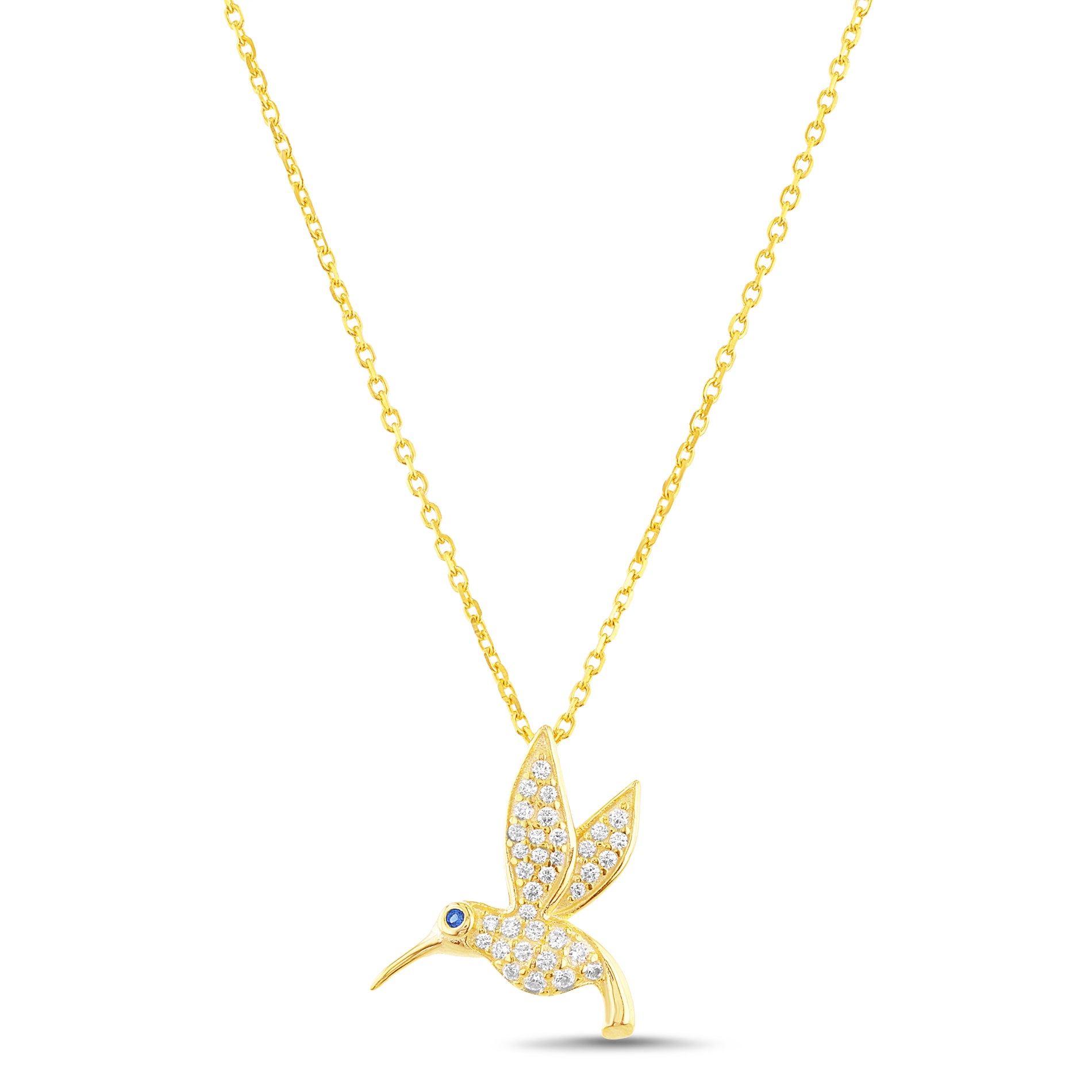 Brass Yellow Gold Blue Eye Hummingbird Charm Necklace