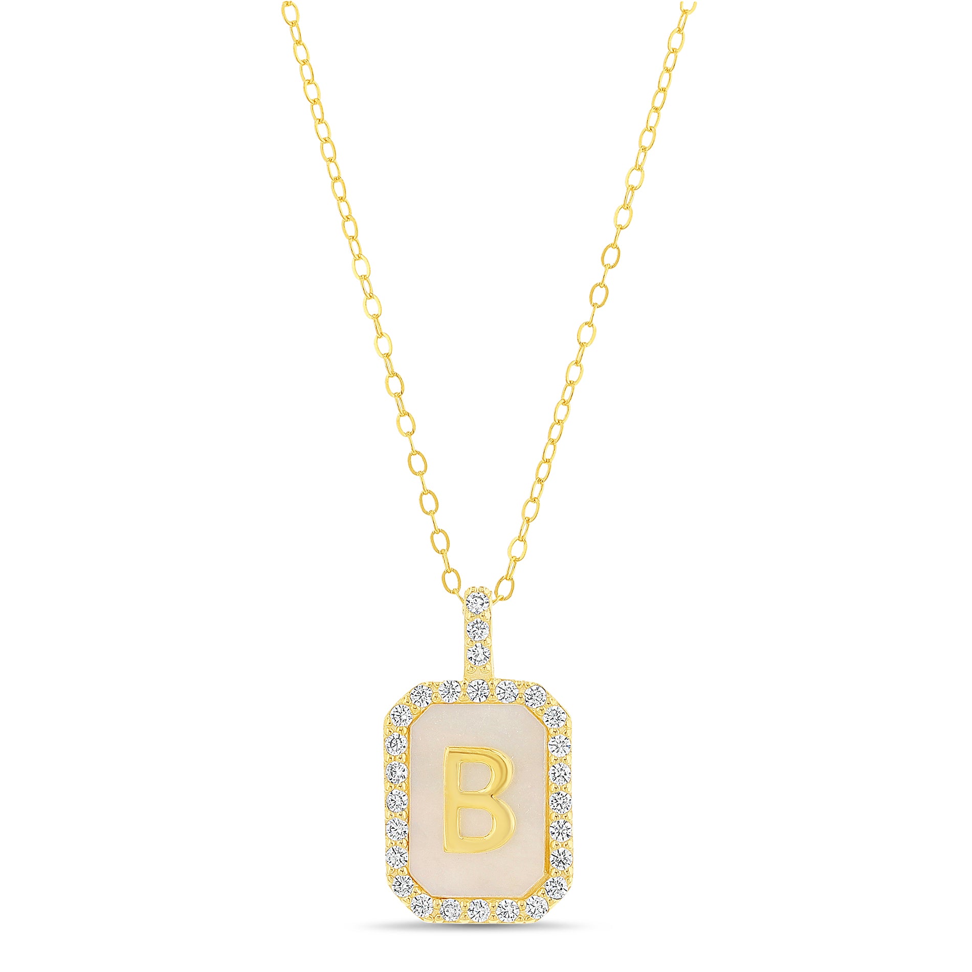 Brass Yellow Gold Mother-of-Pearl Initials Hexagon Necklace