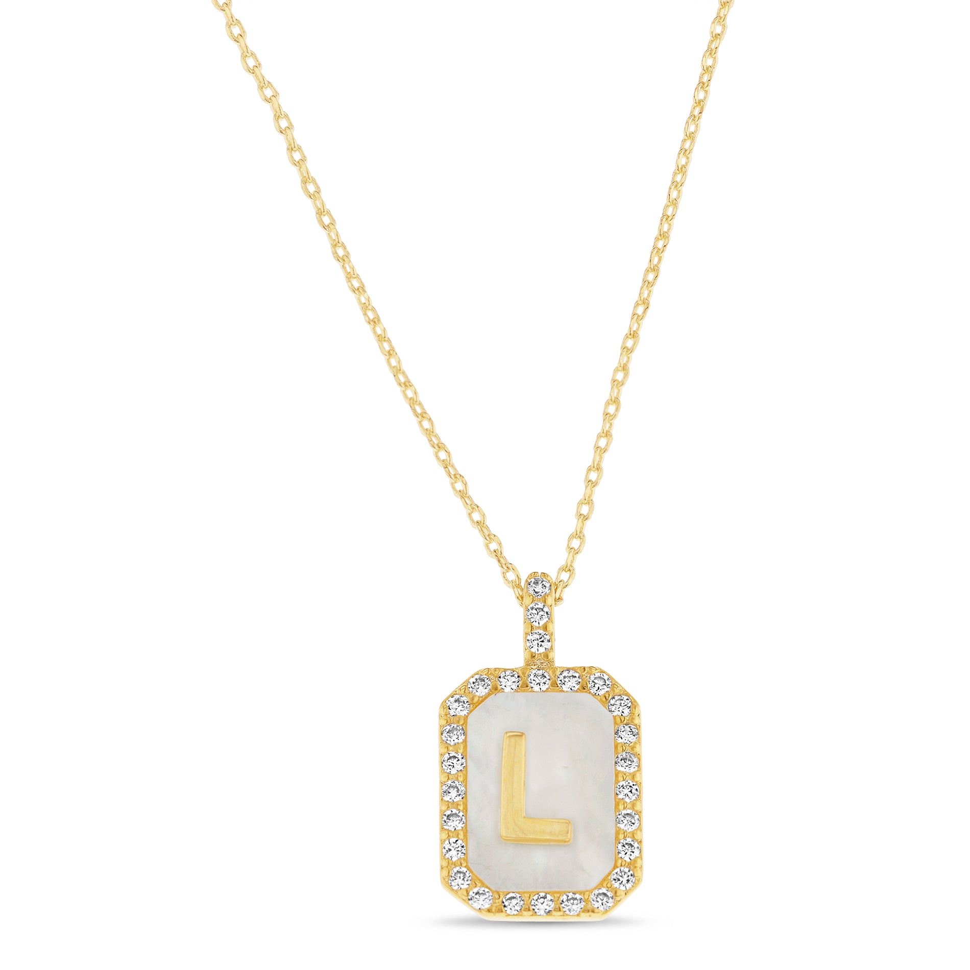 Brass Yellow Gold Mother-of-Pearl Initials Hexagon Necklace