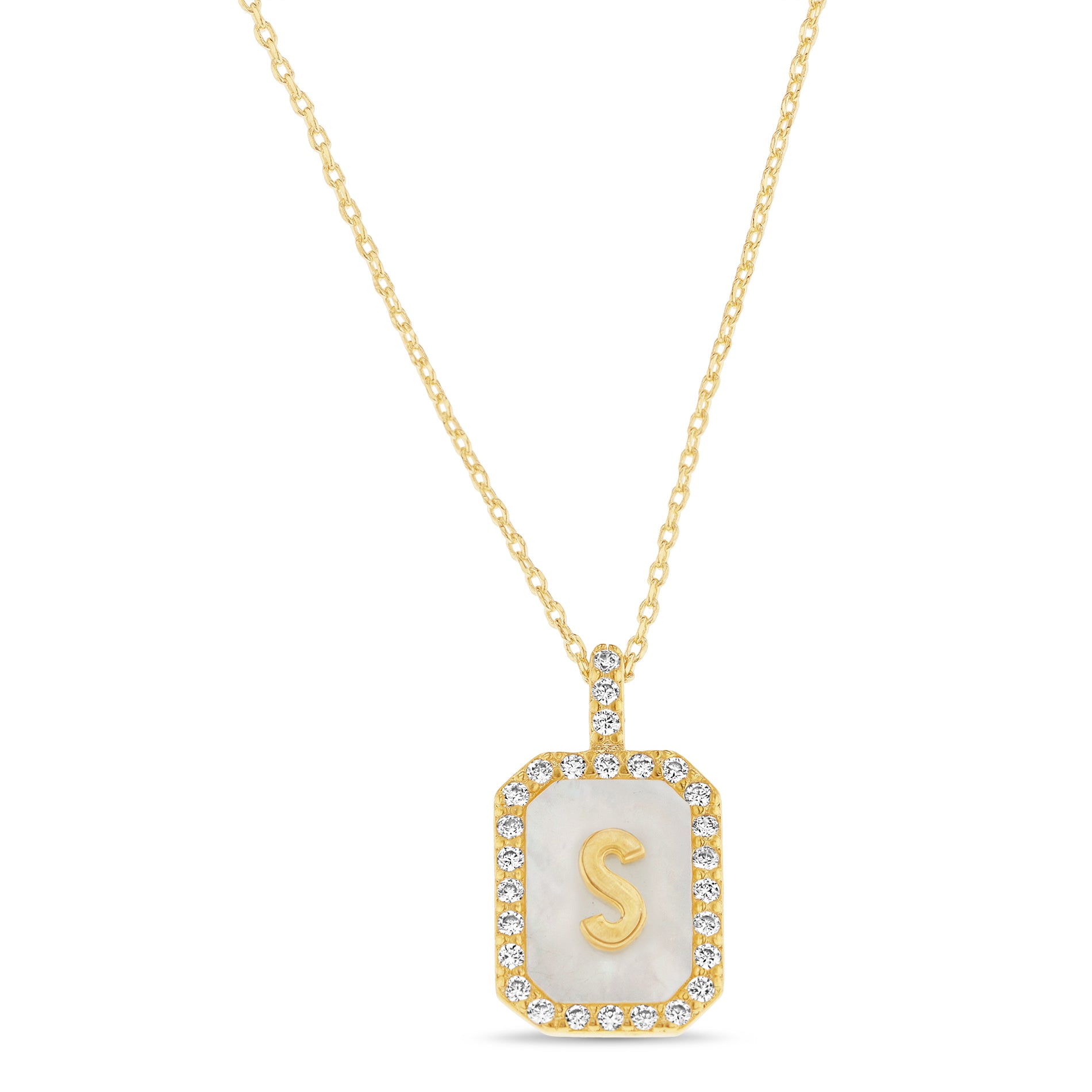 Brass Yellow Gold Mother-of-Pearl Initials Hexagon Necklace