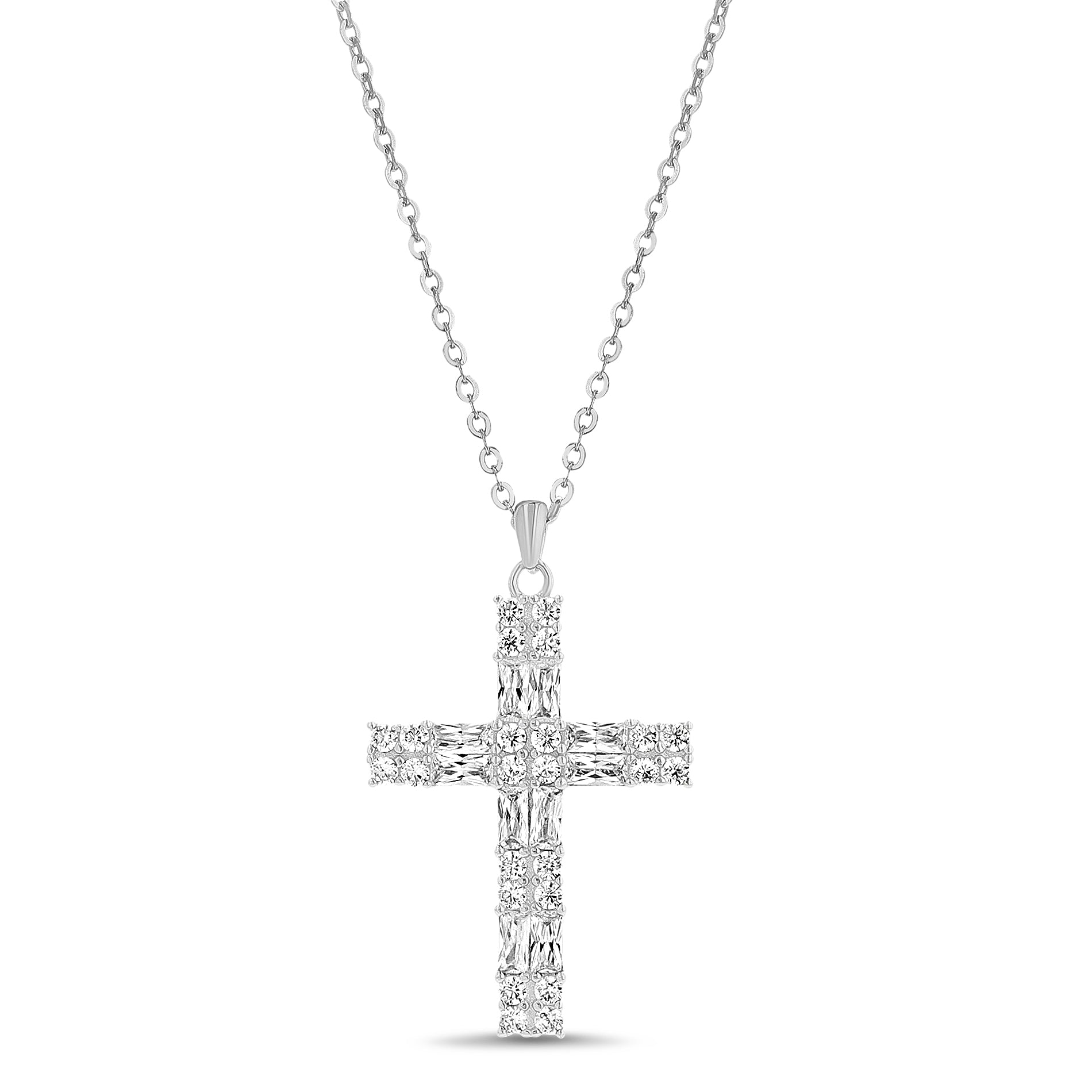 Sterling Silver Rhodium CZ Square Cross Box Chain Necklace