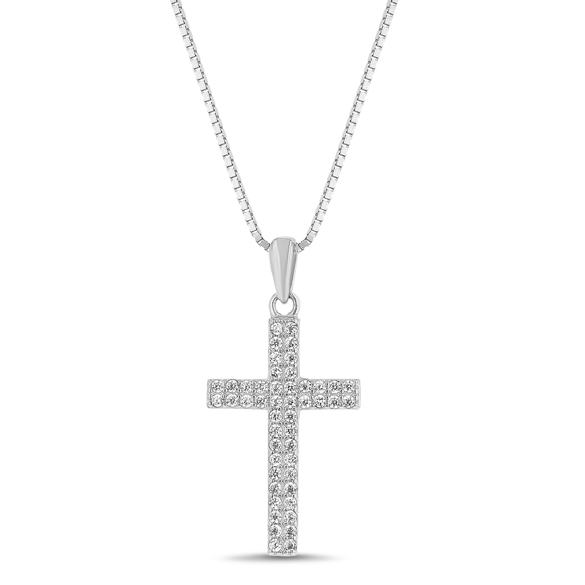 Sterling Silver Rhodium CZ Square Cross Box Chain Necklace