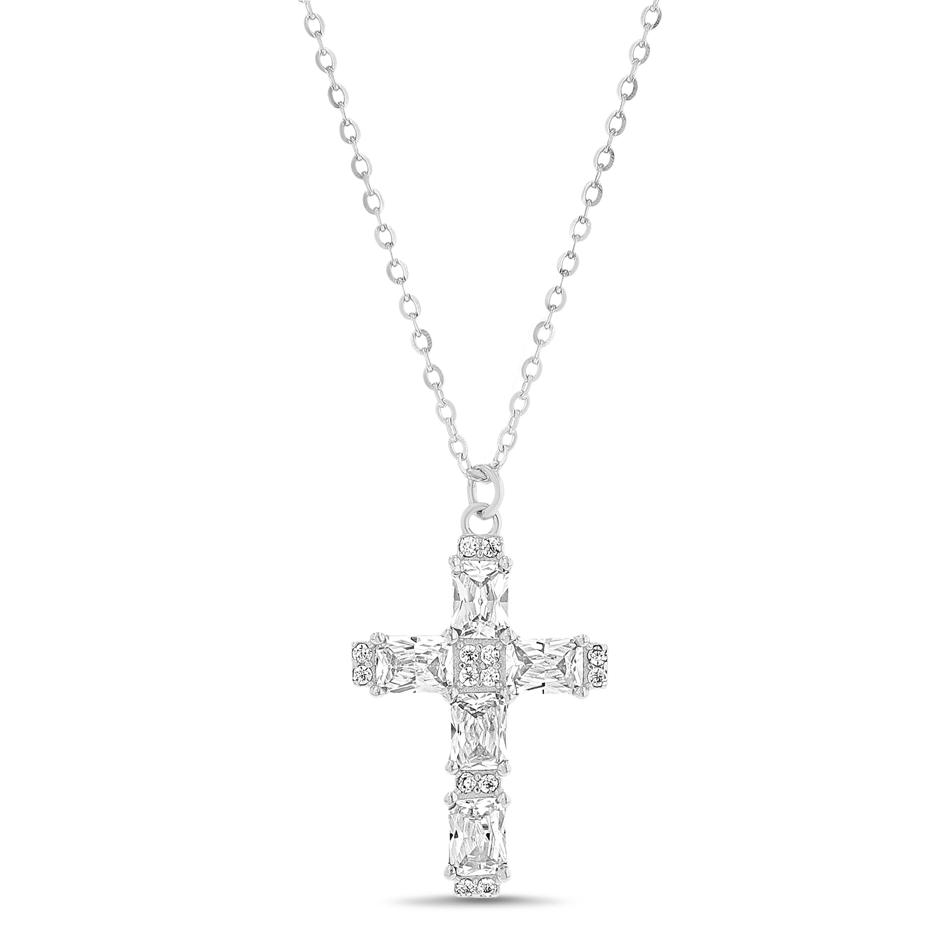 Sterling Silver Rhodium CZ Square Cross Box Chain Necklace