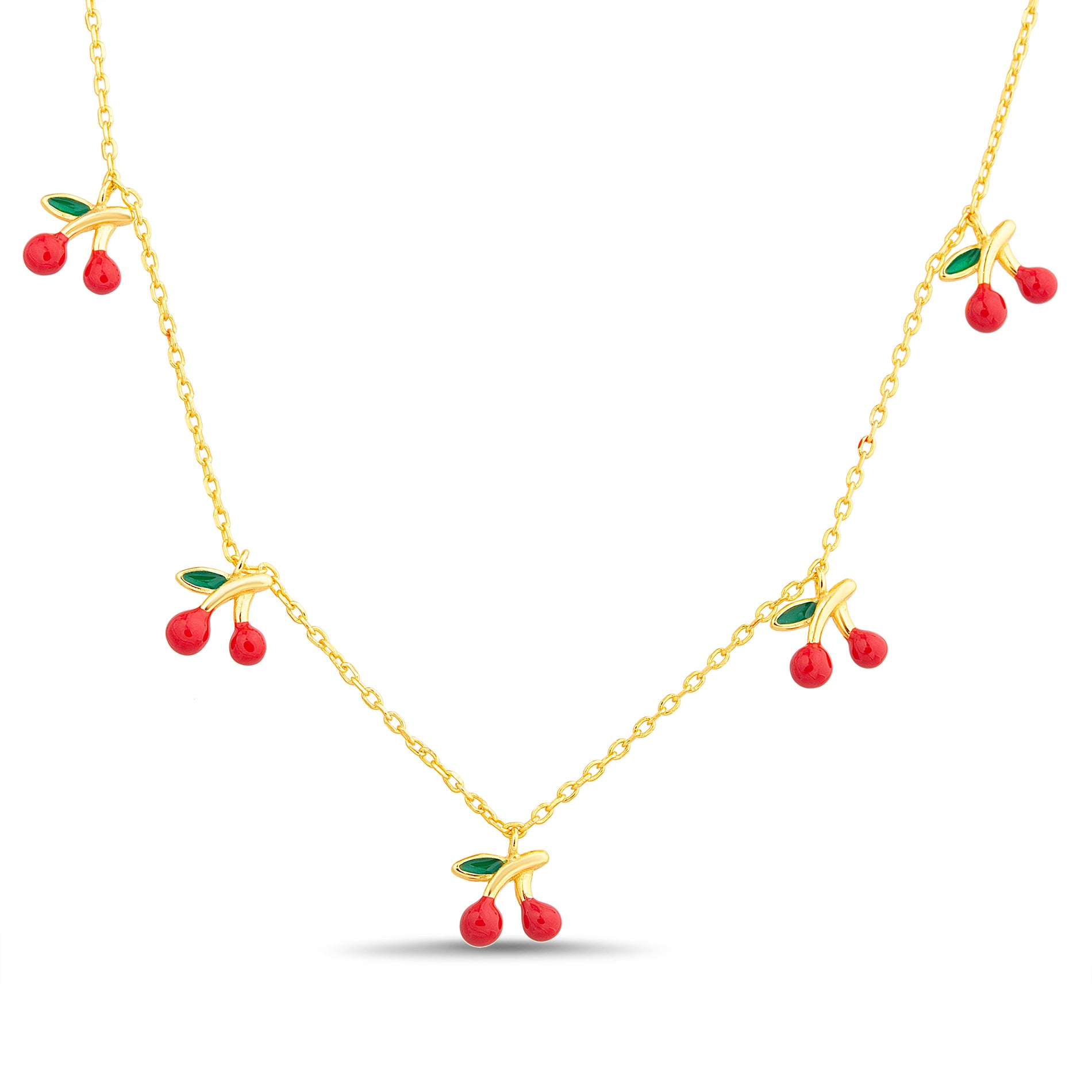 Gold Necklace with Multicolored Green & Red Enamel Cherry Charms and 'Love' Tag