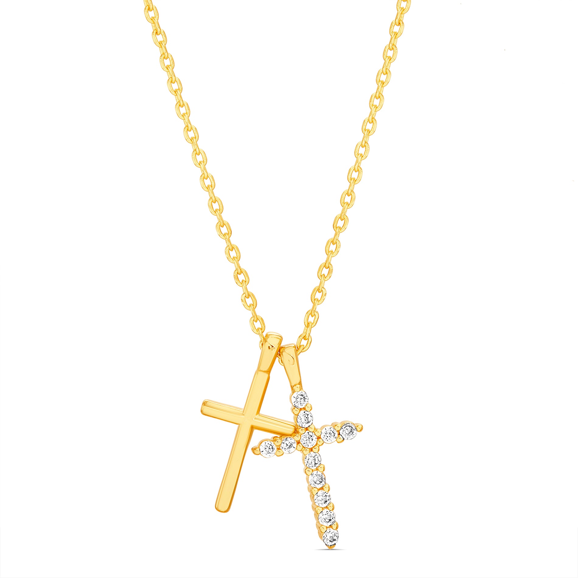 Sterling Silver Gold-Plated Cross Necklace with CZ Pavé Accent