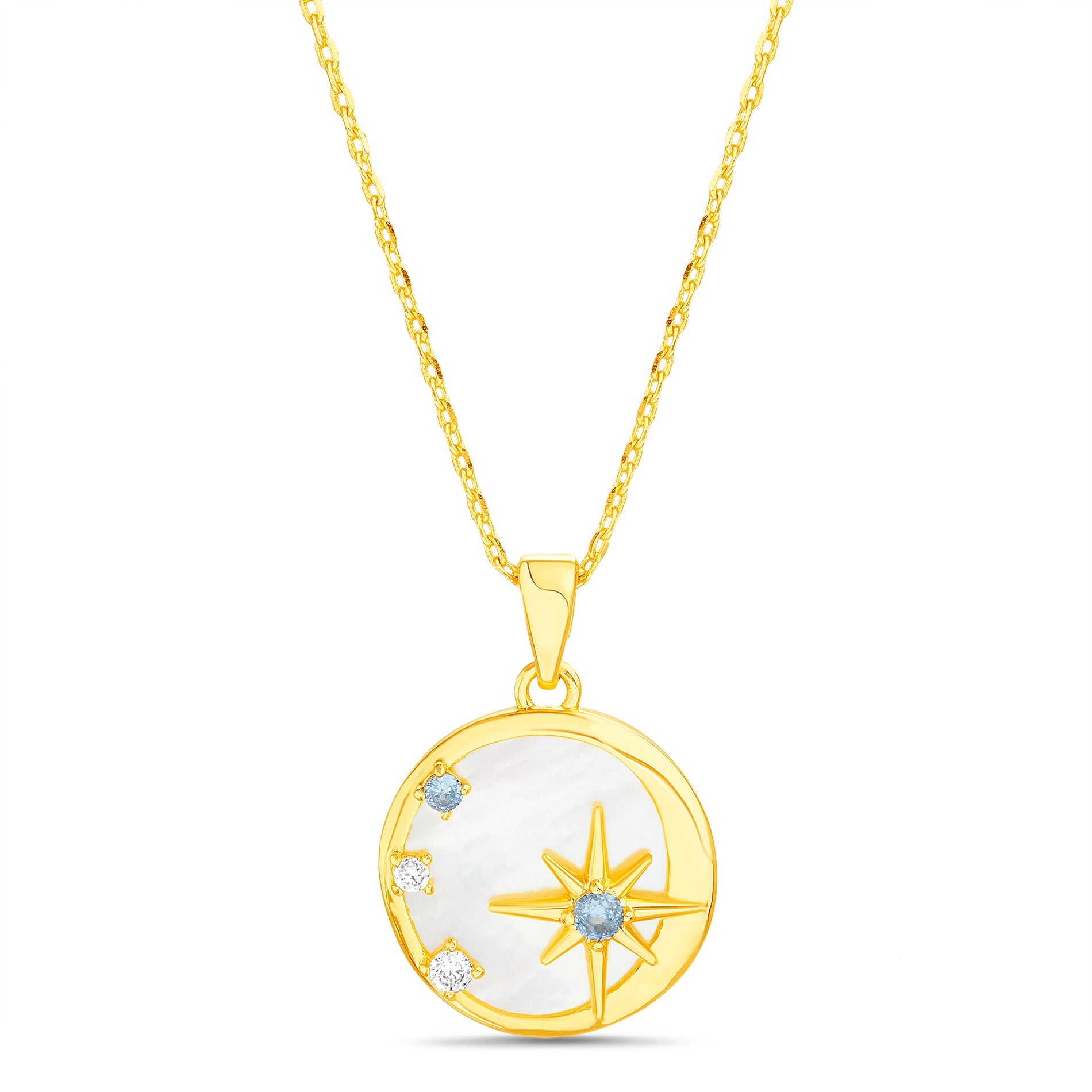 Sterling Silver Yellow Gold Light Blue CZ Mother of Pearl Disc on Cable Chain Necklace