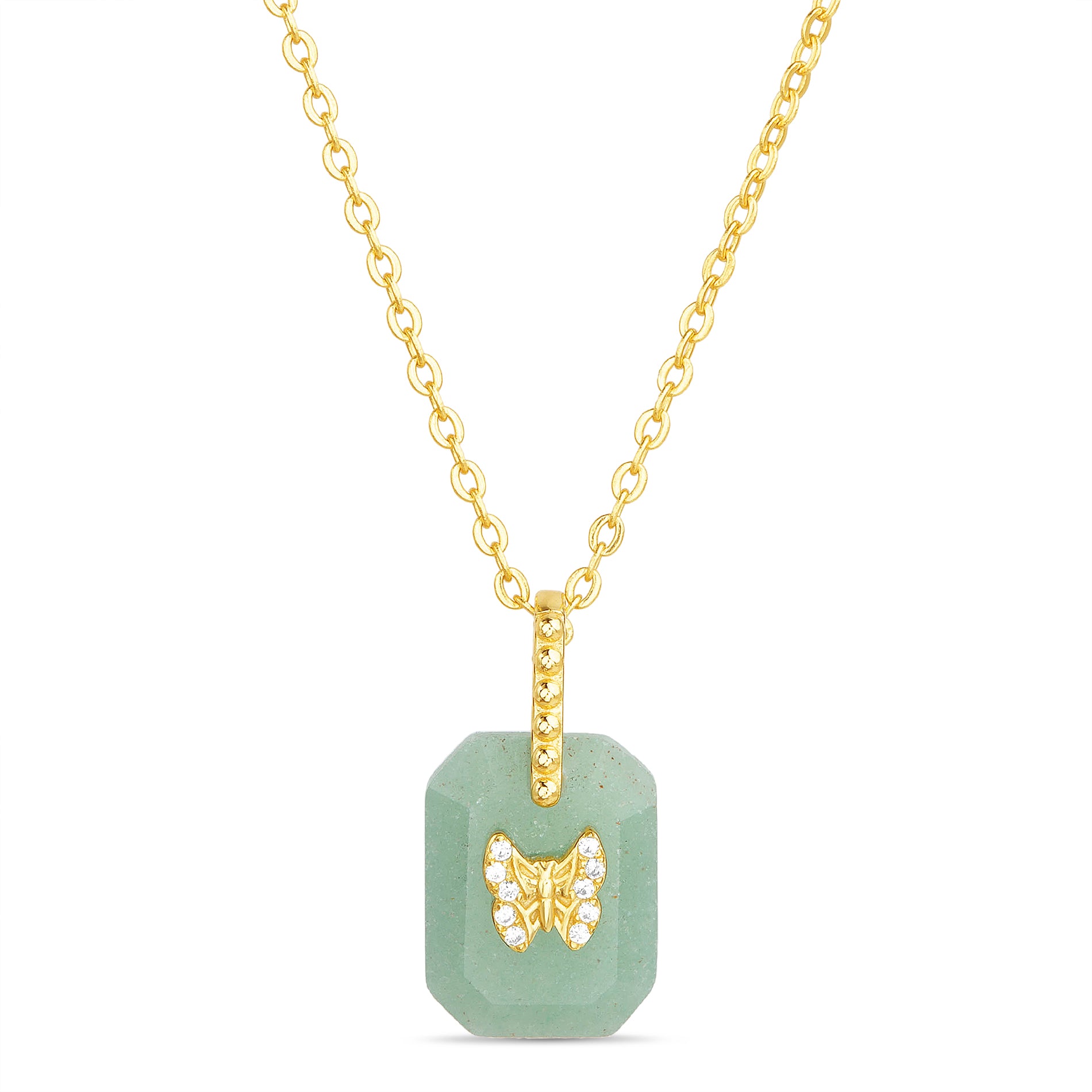 Charming Yellow Gold Butterfly Necklace with CZ and Amazonite