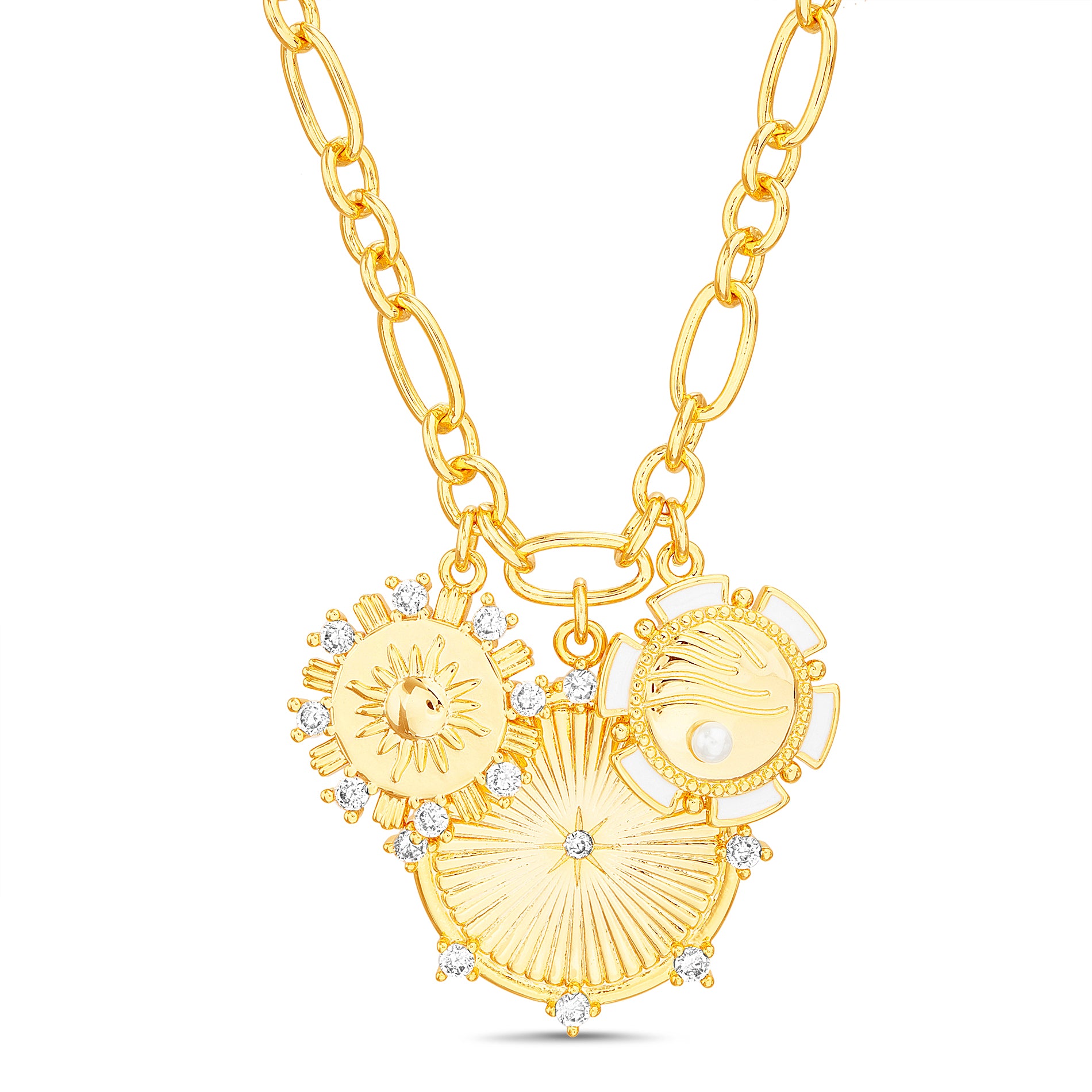 Brass Gold Charm Necklace  with Clear CZ Cluster Discs