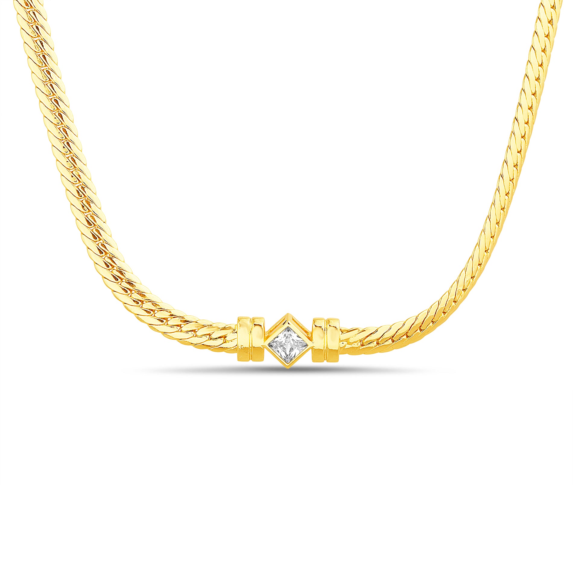 Brass Gold Clear CZ Diamond Shape Stationary Pendant Herringbone Necklace