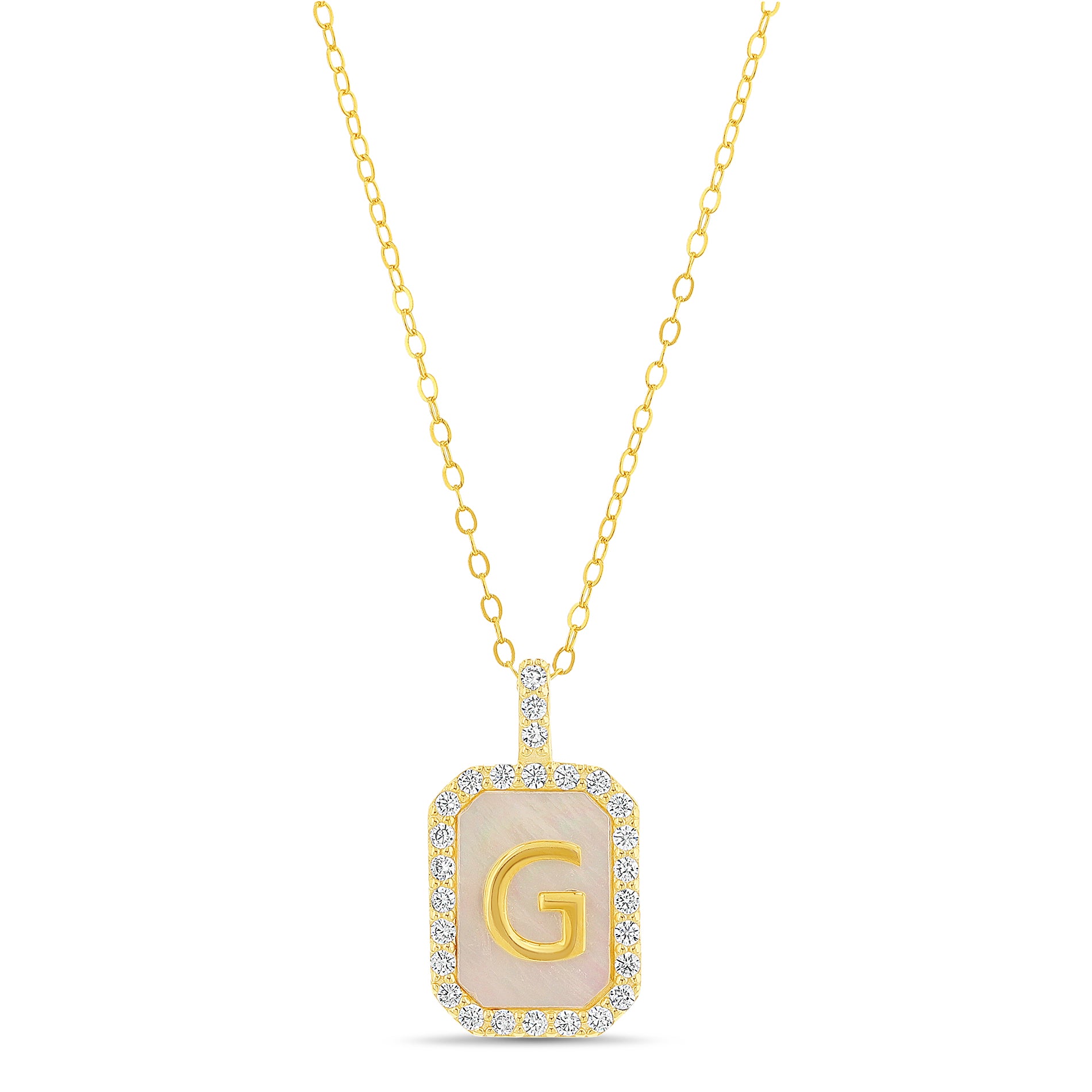 Brass Yellow Gold Mother-of-Pearl Initials Hexagon Necklace