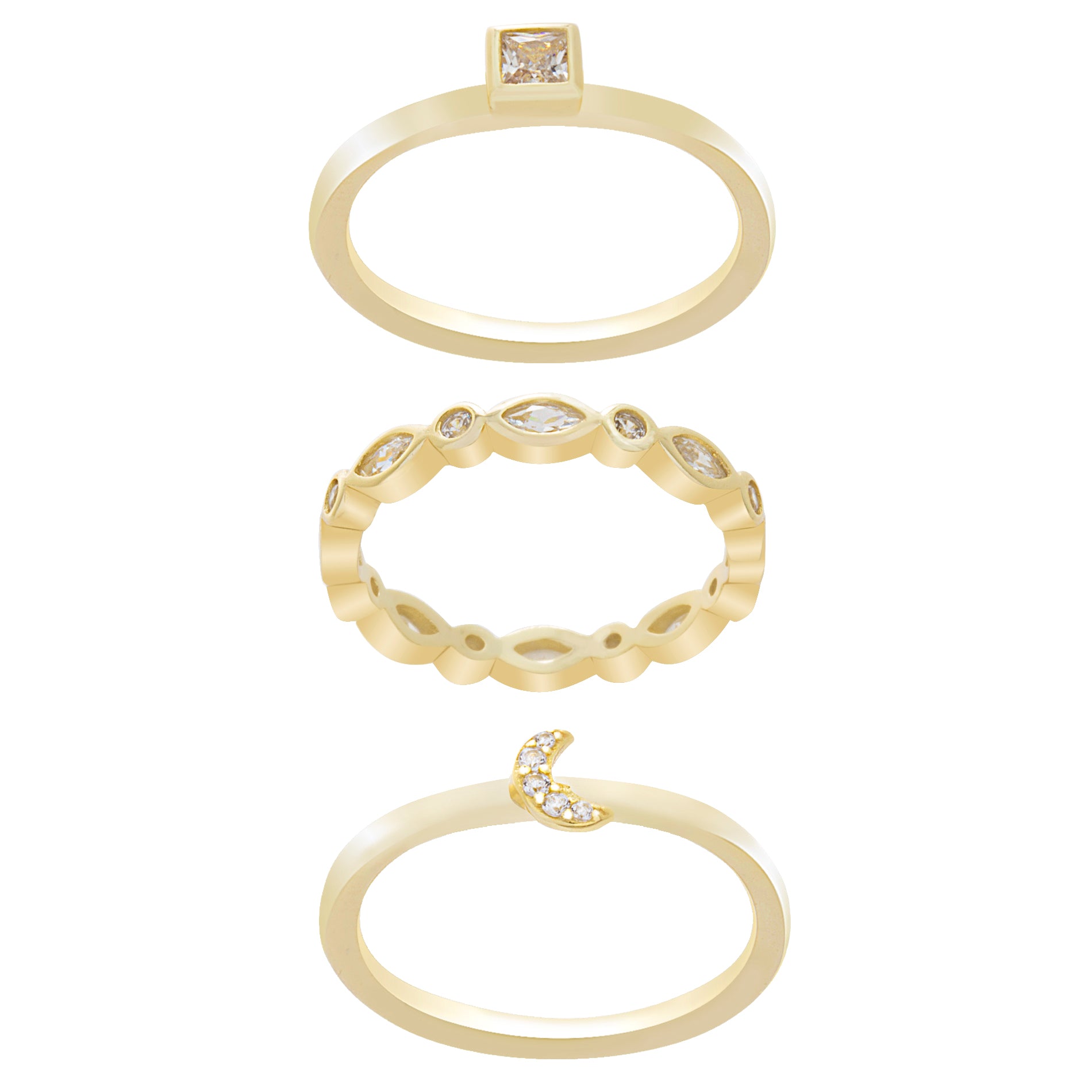 Brass CZ Bezel Square Trio Ring Set