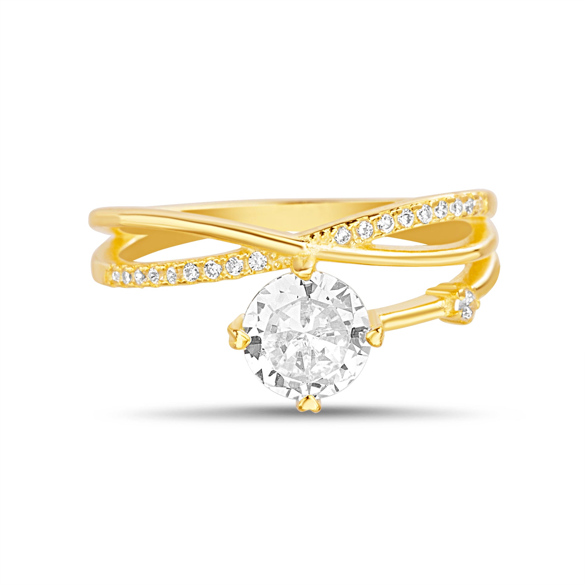 Sterling Silver Gold CZ Crossover Station Ring