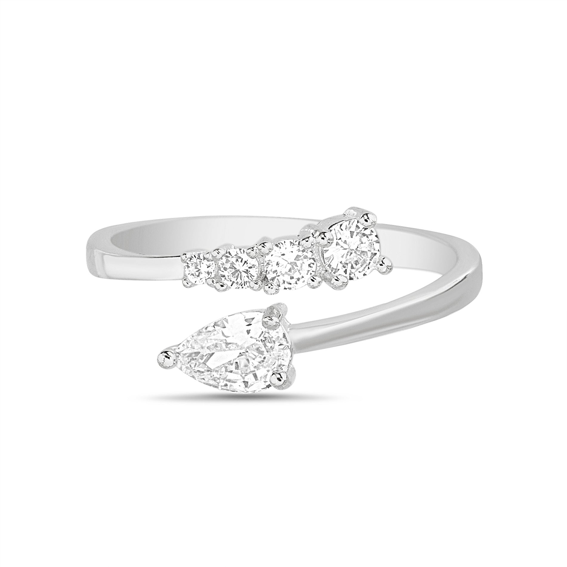 Sterling Silver Rhodium CZ Clear Marquise & Round Station  Adjustable Open Ring