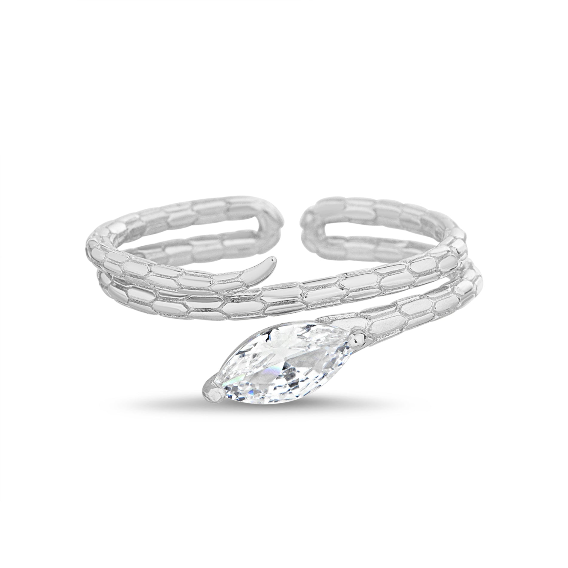 Sterling Silver Rhodium CZ Snake Adjustable Ring