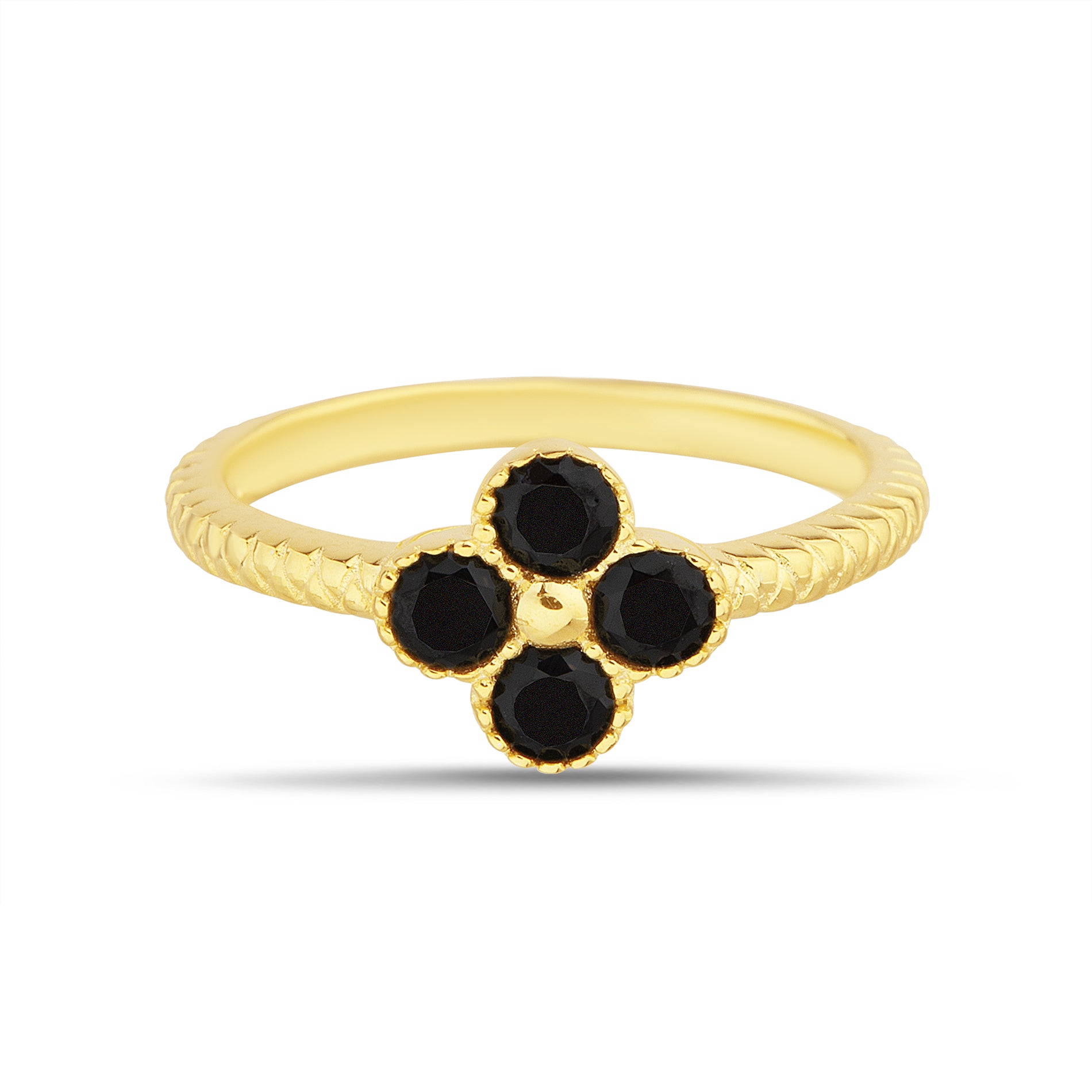 Gold-Plated Silver Black CZ Bezel Ring with Beaded Textured Band