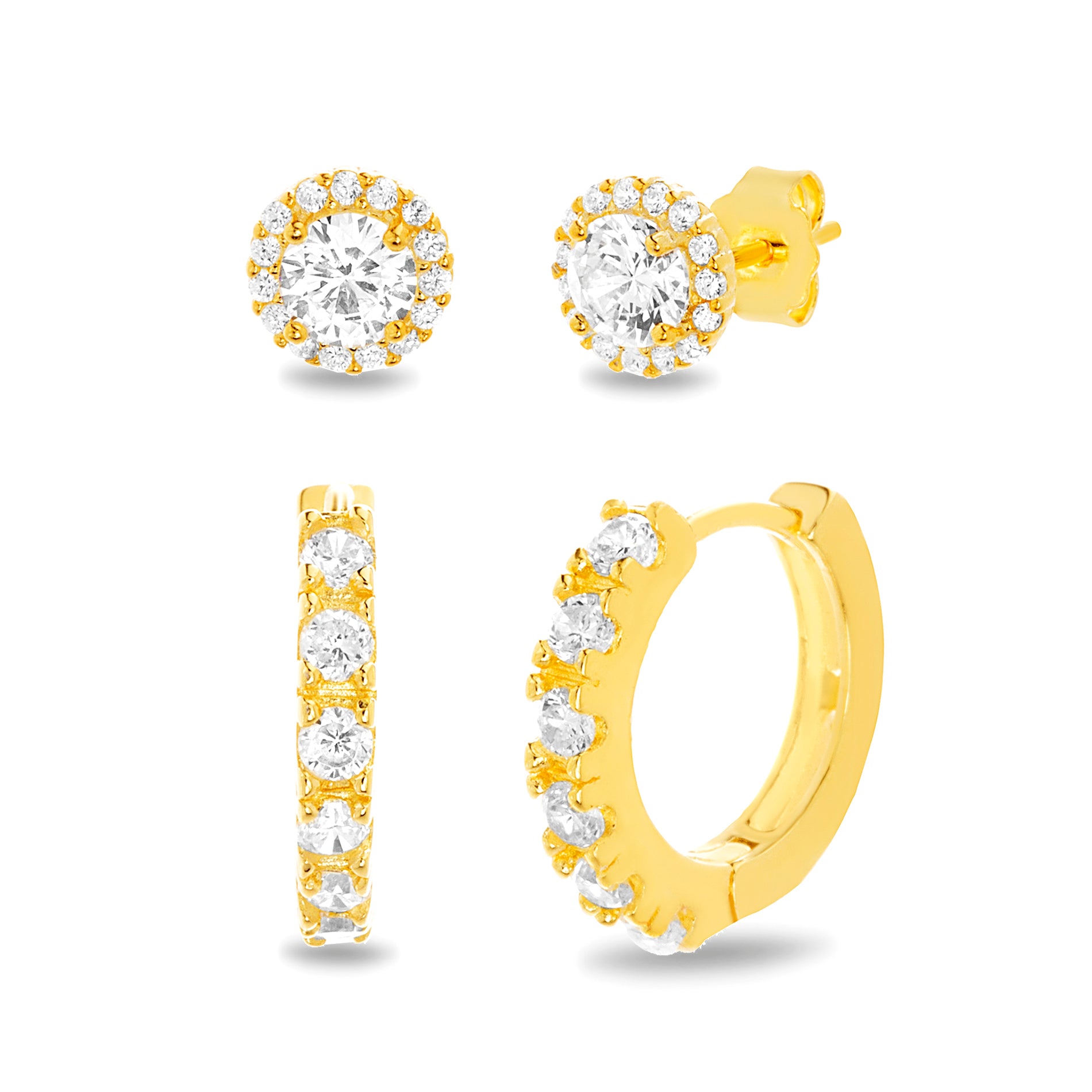 Yellow Gold CZ Huggie & Stud Earring Set