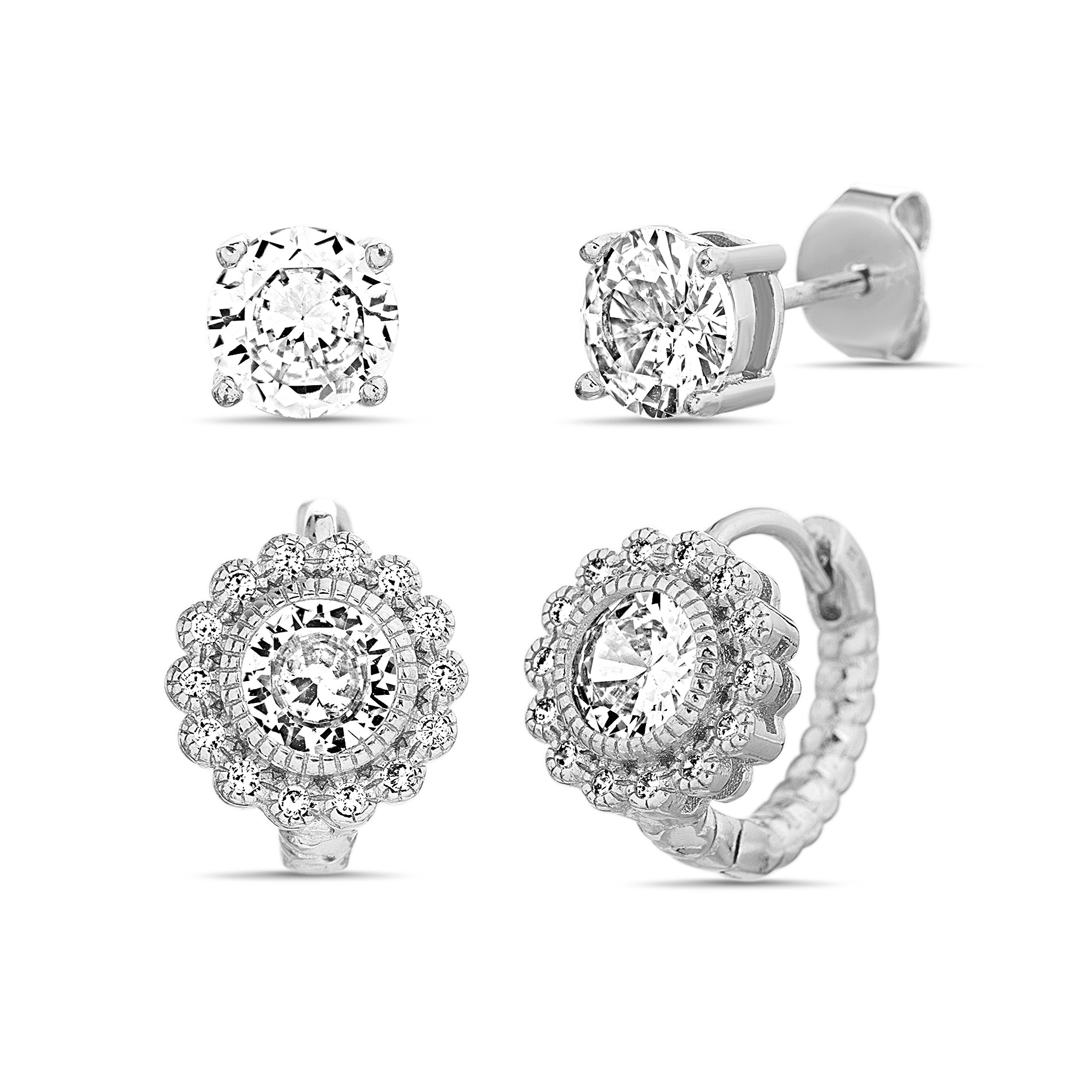 Sterling Silver Rhodium CZ Center Textured Earring Set