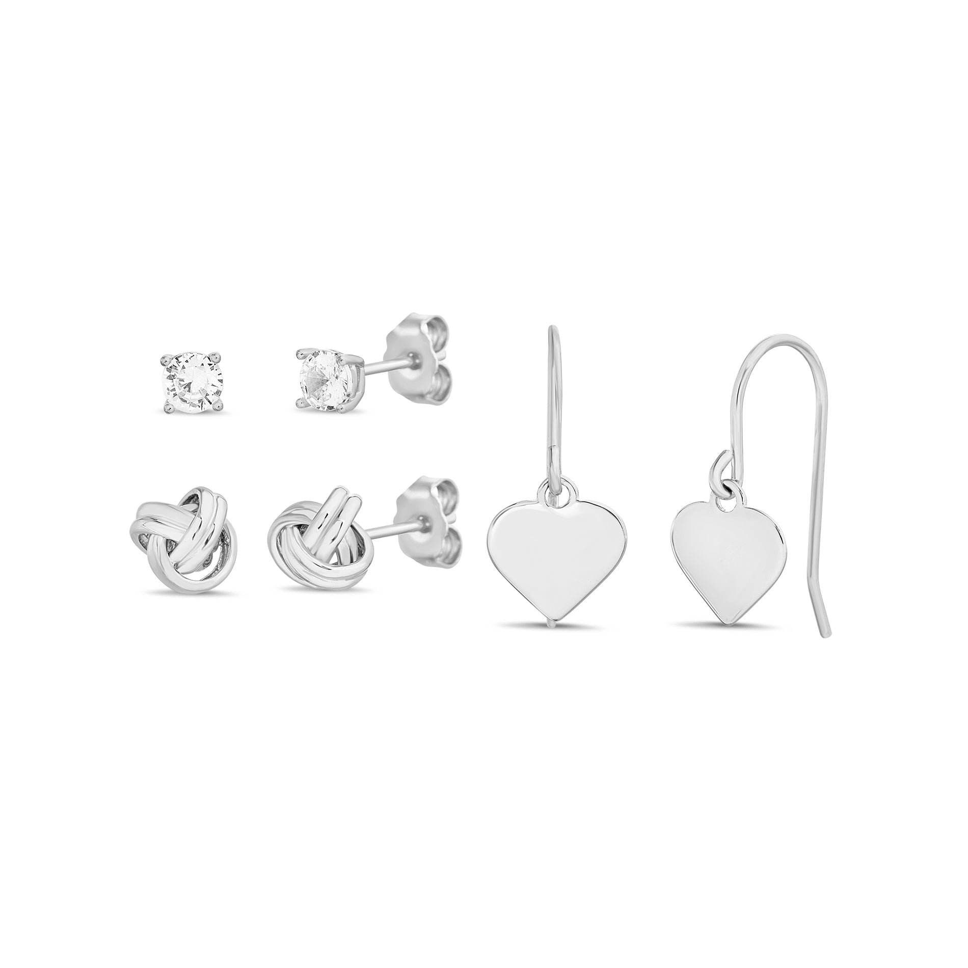 Sterling Silver Rhodium CZ Love Knot & Heart Trio Set