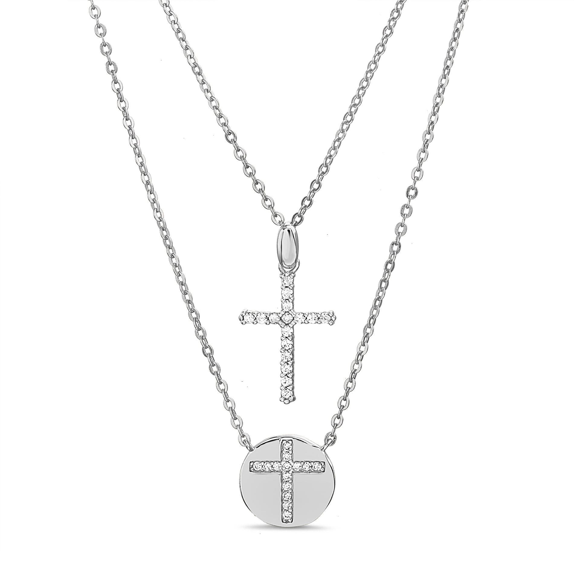 Silver CZ Cross Pendant & CZ Cross Disc Duo Necklace Set
