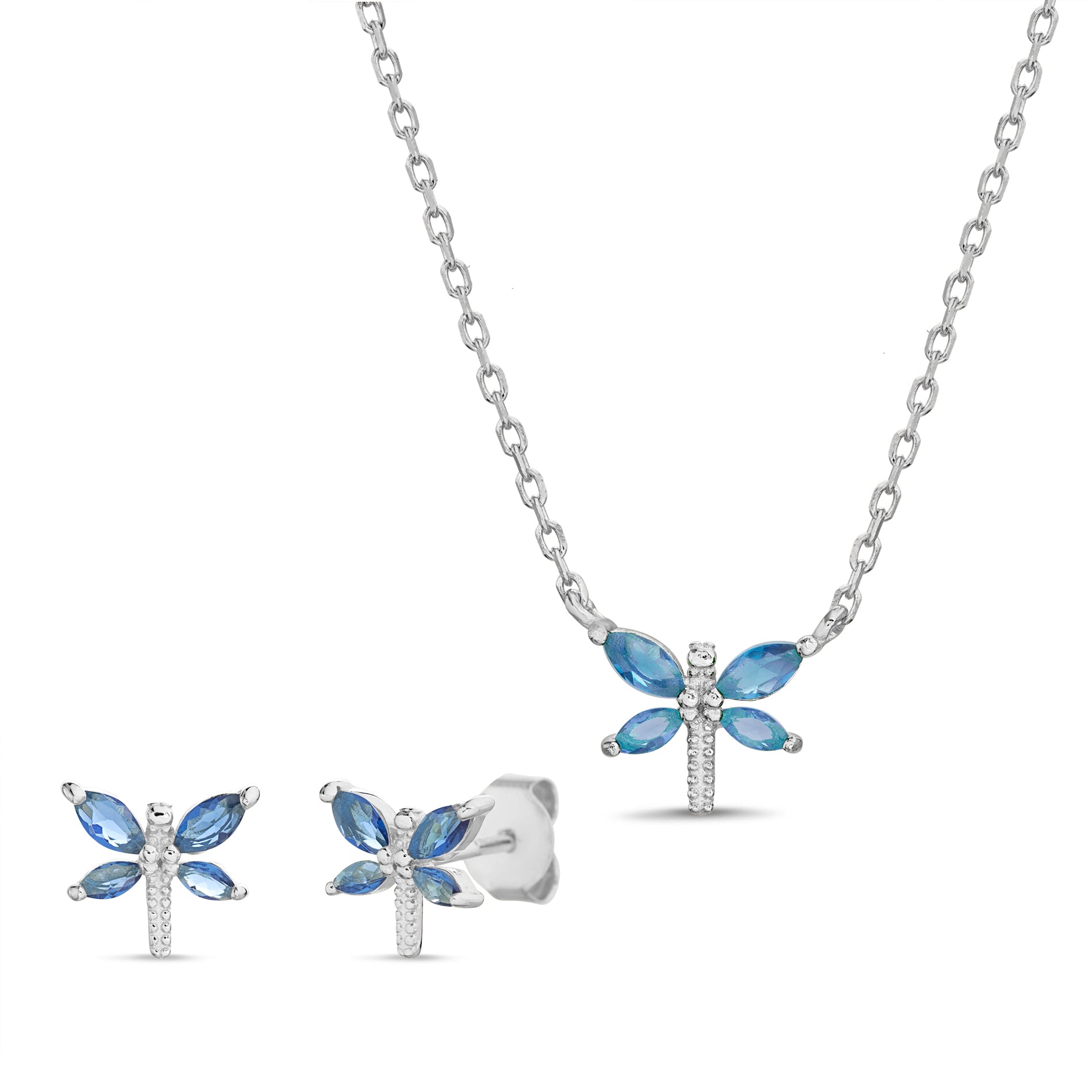 Sterling Silver Rhodium Dragonfly with Marquise Sapphire on Wings Post Earring & Necklace Set