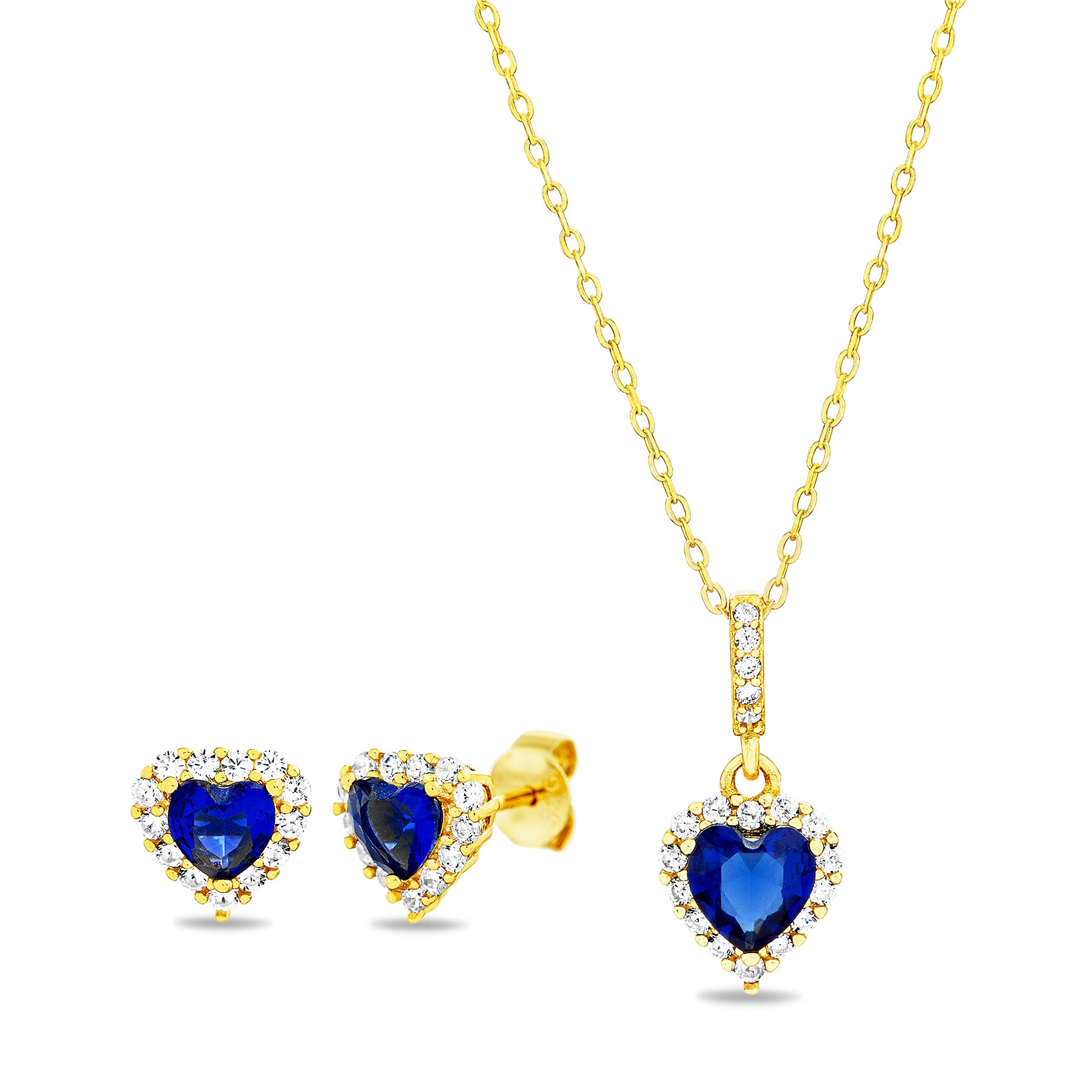 Sterling Silver Gold Sapphire CZ Clear Stud/Heart Earring & Pendant Set