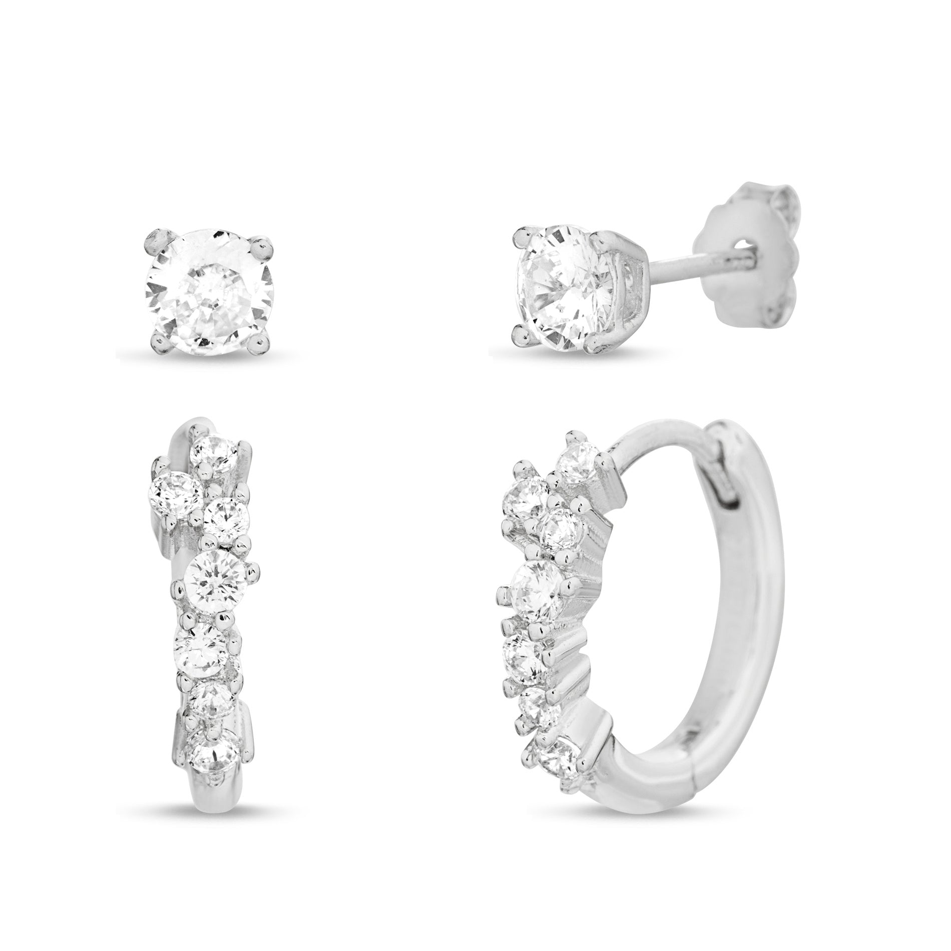 Sterling Silver CZ Pavé Huggie Hoop & Stud Earring Set in Rhodium Finish