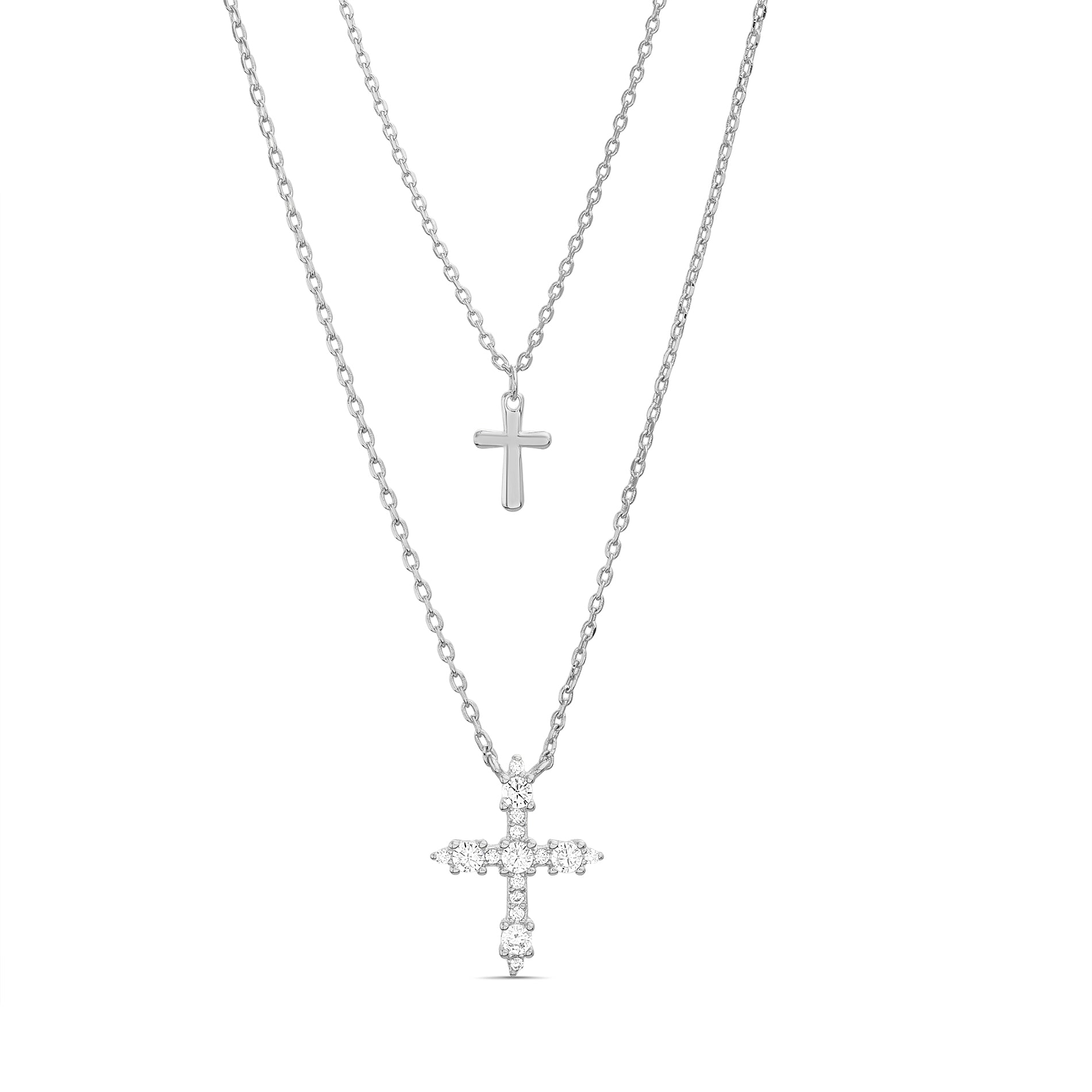 Sterling Silver Rhodium Clear CZ + Polished Crosses Necklace