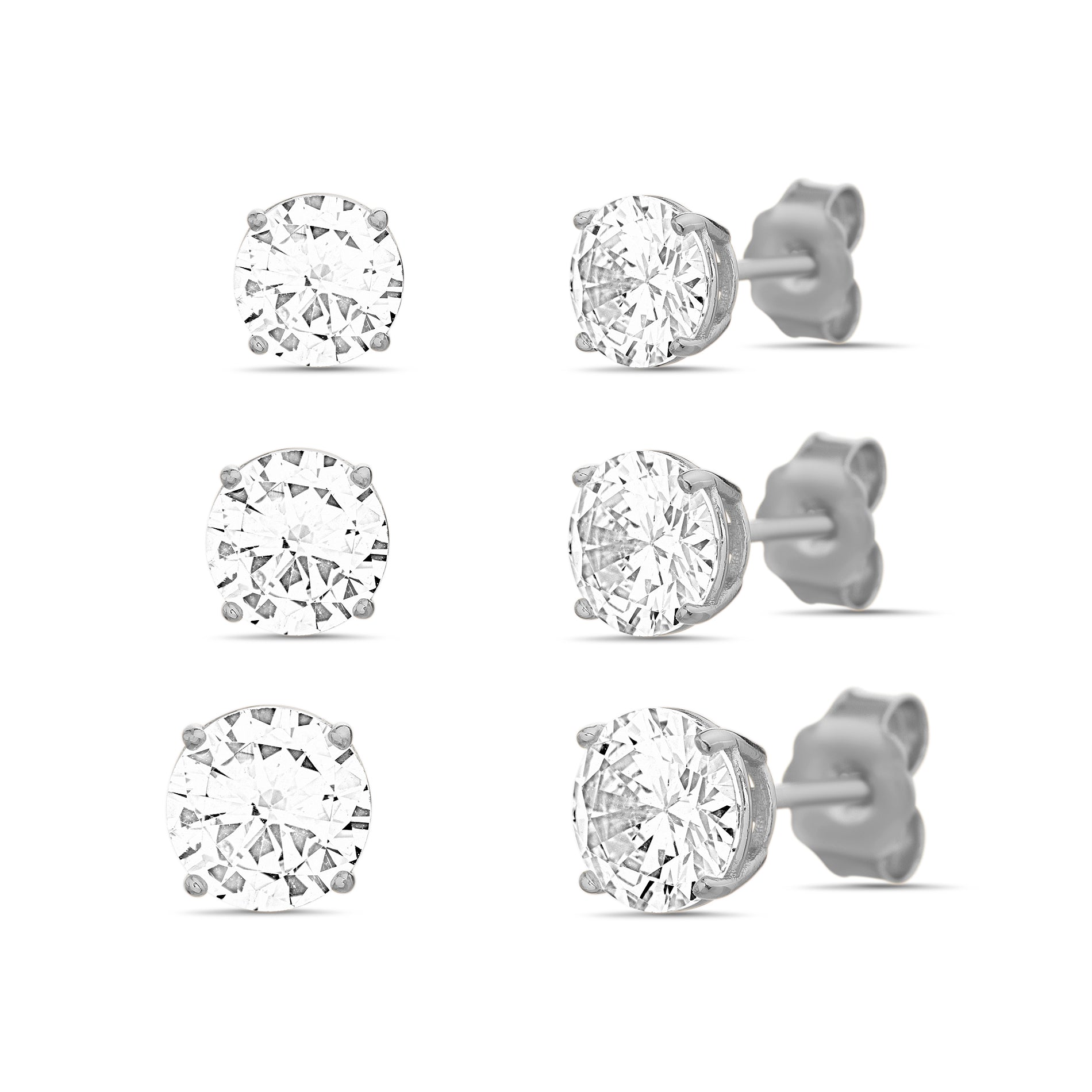 Sterling Silver Round Clear CZ Stud Earrings Set, 4–6mm