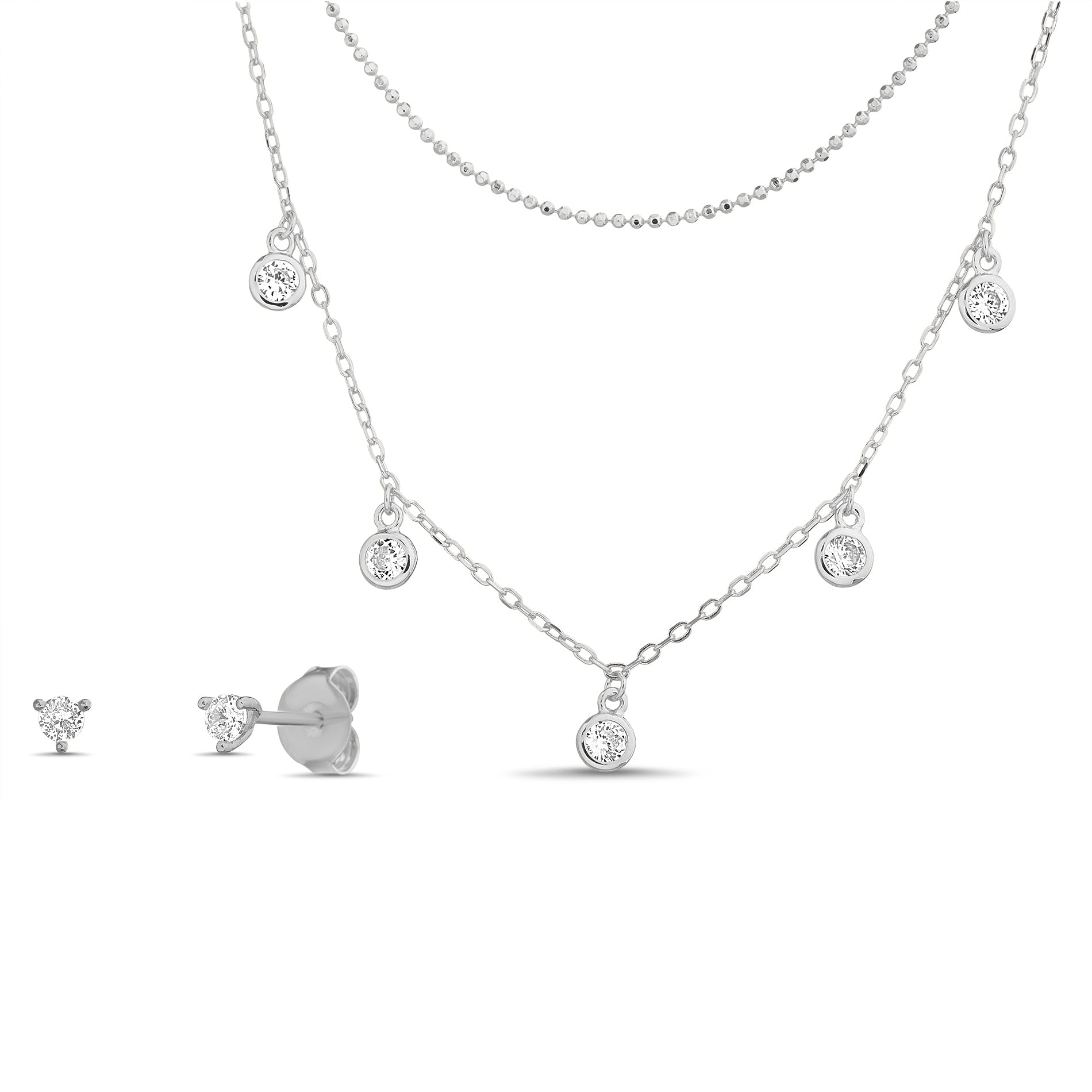 Sterling Silver Rhodium Clear CZ Dangle Charms Double-Layered Necklace & Clear CZ Stud Earrings Set