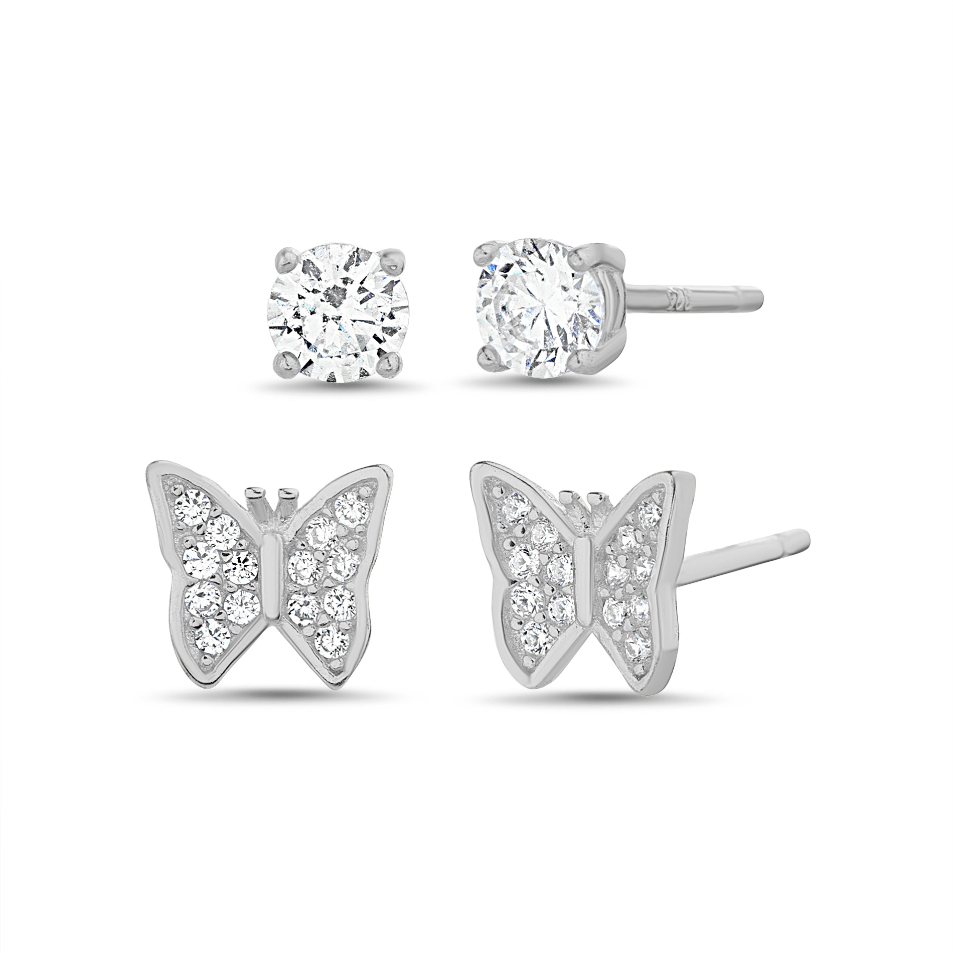Sterling Silver Rhodium CZ Stud and Butterfly Earring Set