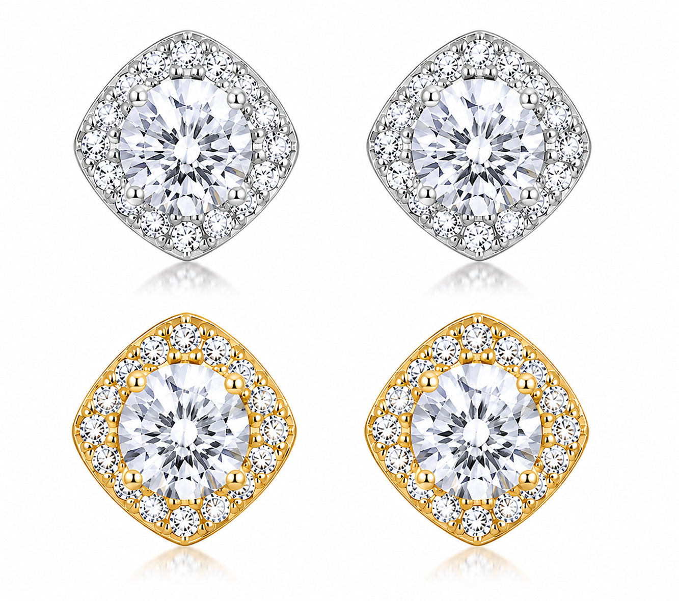 Sterling Silver Two-Tone Cushion or Tri-tone Halo CZ Stud Earring Set
