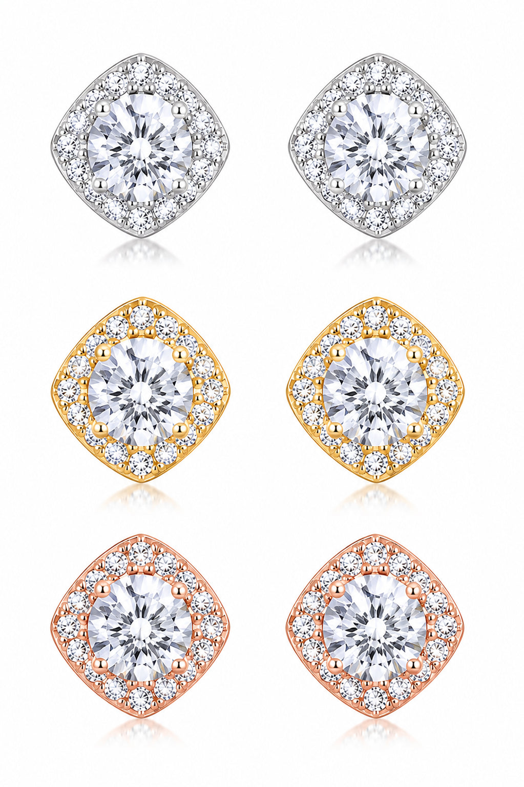 Sterling Silver Two-Tone Cushion or Tri-tone Halo CZ Stud Earring Set