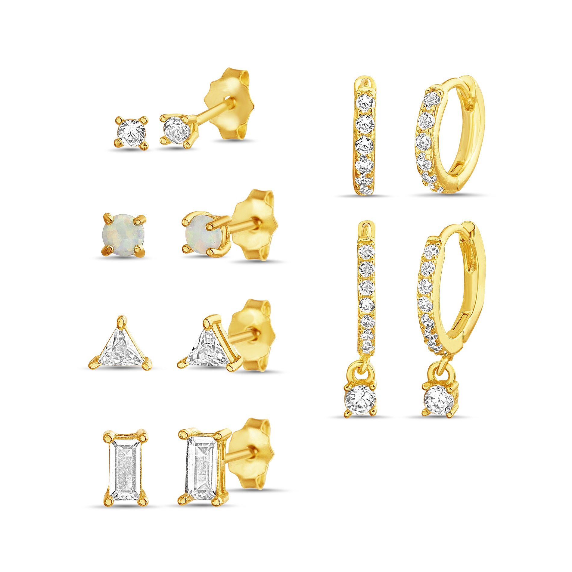 Sterling Silver Gold CZ Multishape Stud & Hoop Earring Set