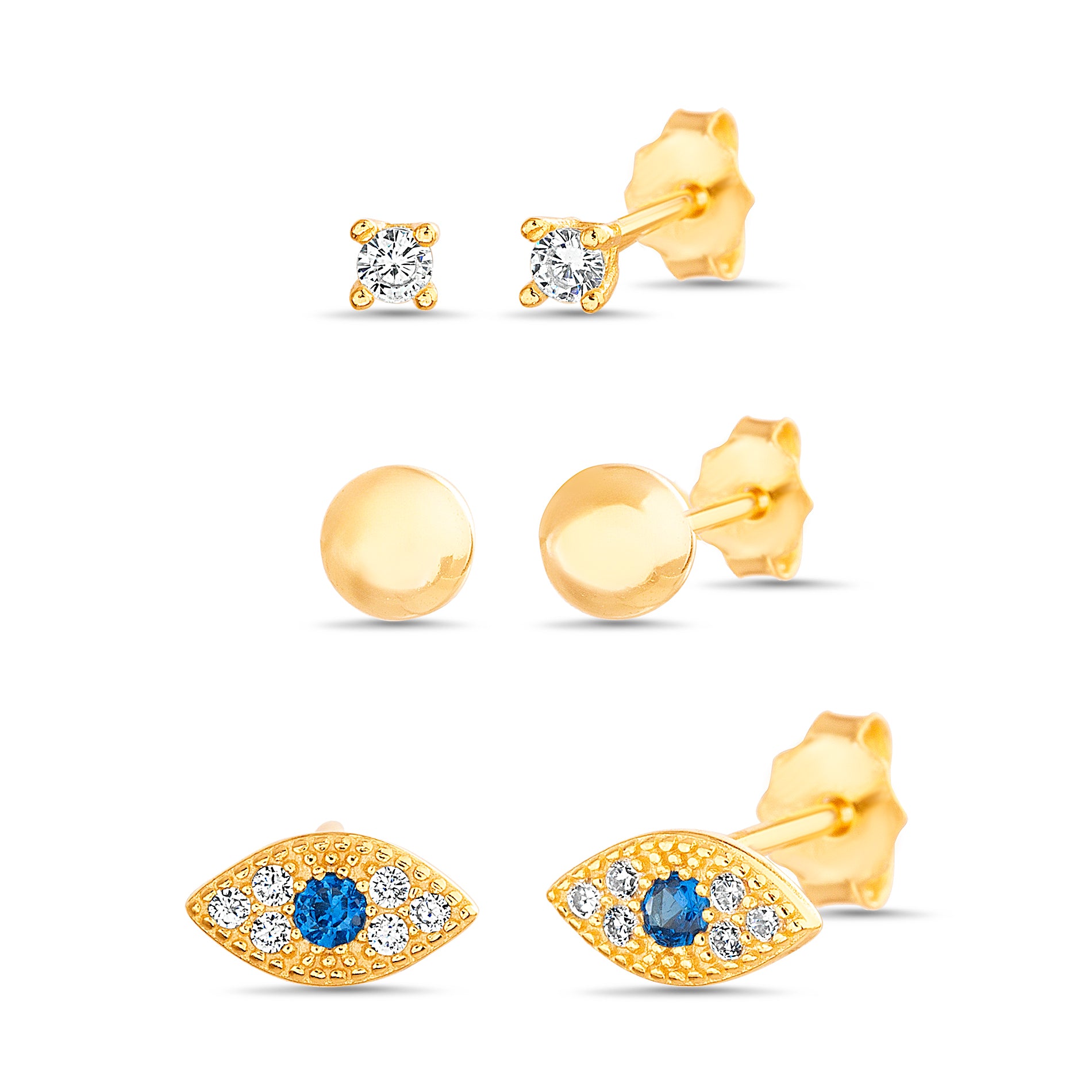 Mixed Metal CZ Stud Earrings Set in Silver and Gold