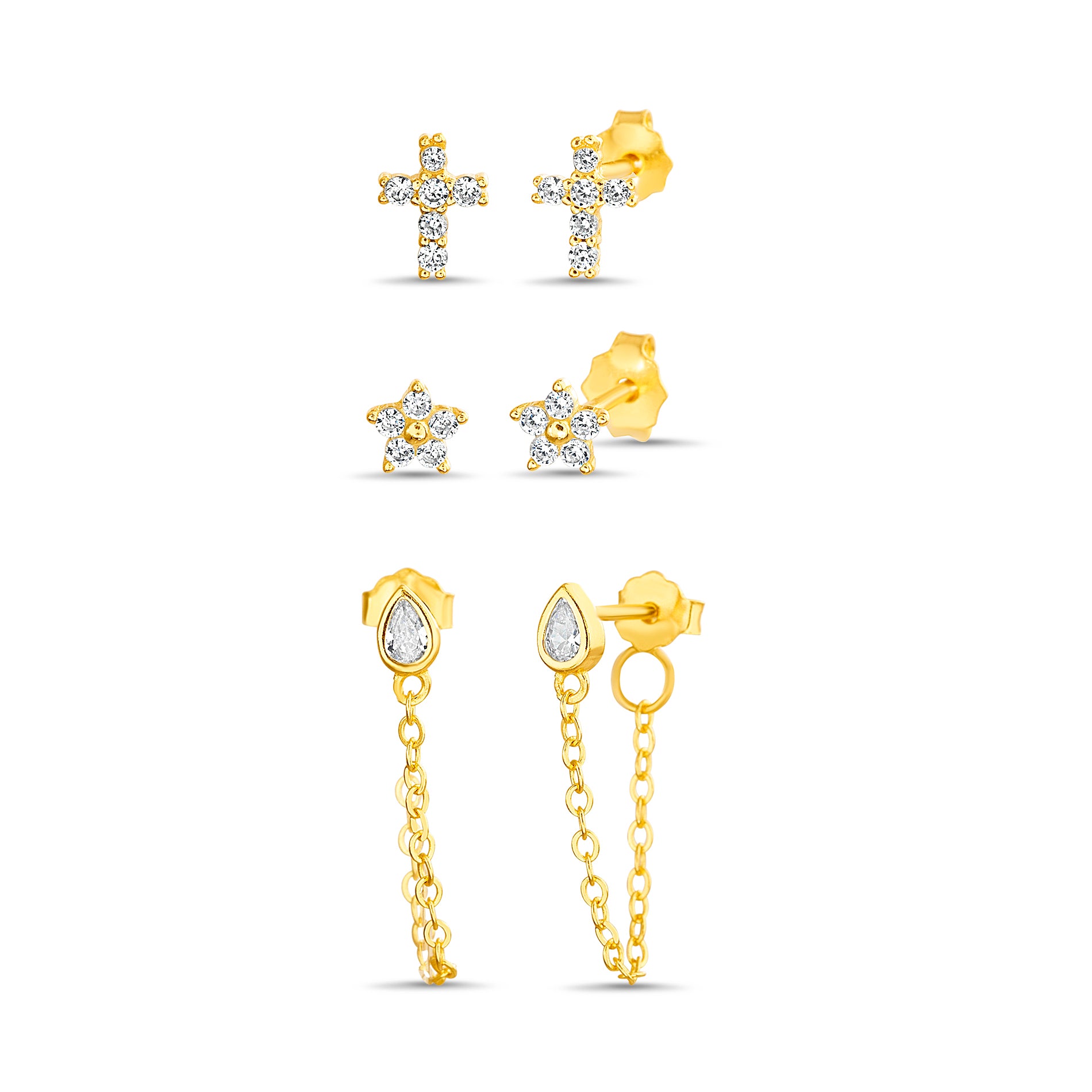 Gold Opal & CZ Starburst Stud Earrings Set